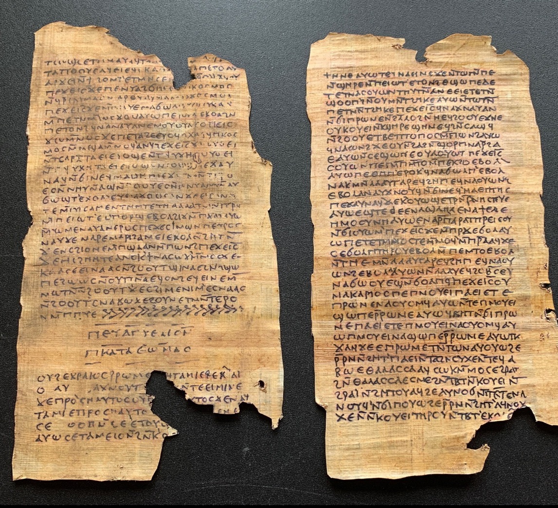 A framed display of two ancient-looking parchment scrolls filled with dense text.