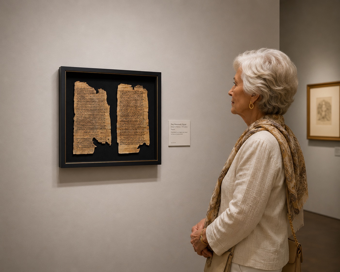 A framed display of two ancient-looking parchment scrolls filled with dense text.