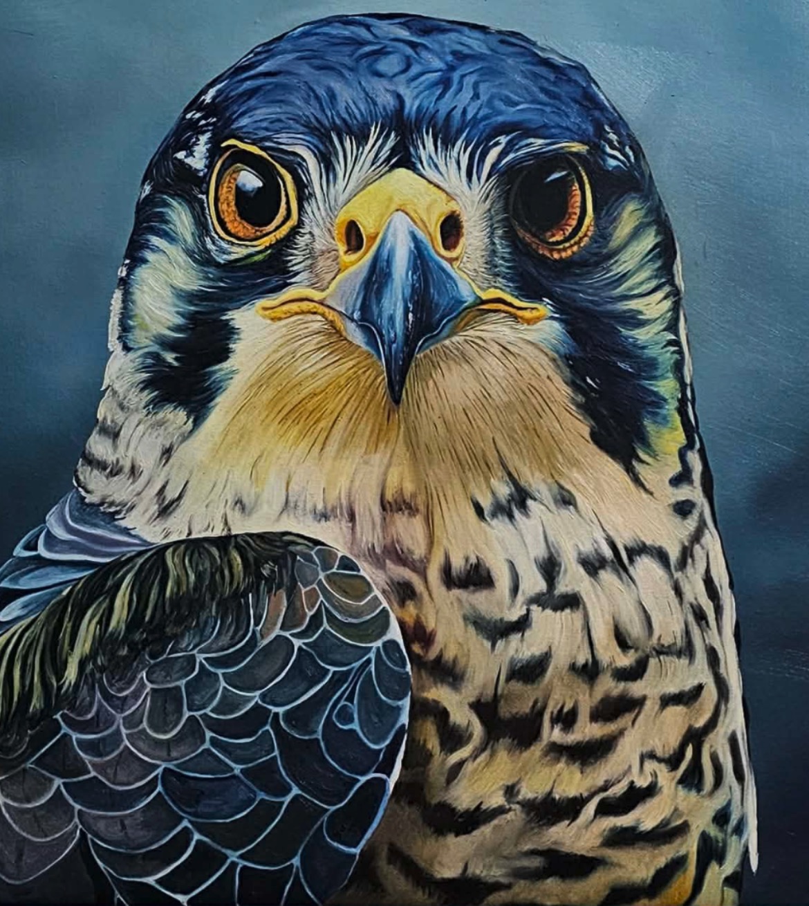 A realistic portrait of a bird with intense eyes and detailed feathers against a dark background.