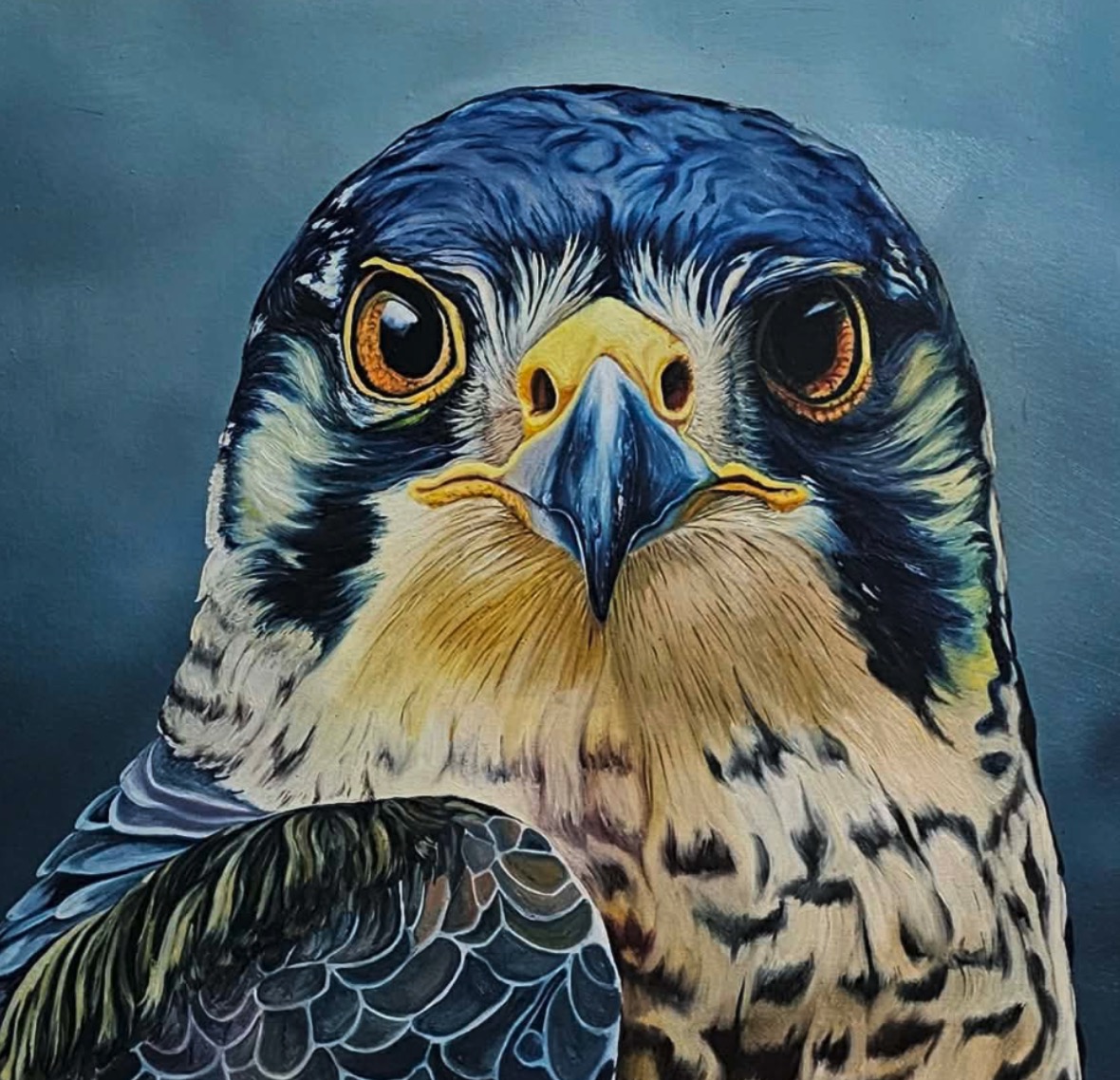A realistic portrait of a bird with intense eyes and detailed feathers against a dark background.