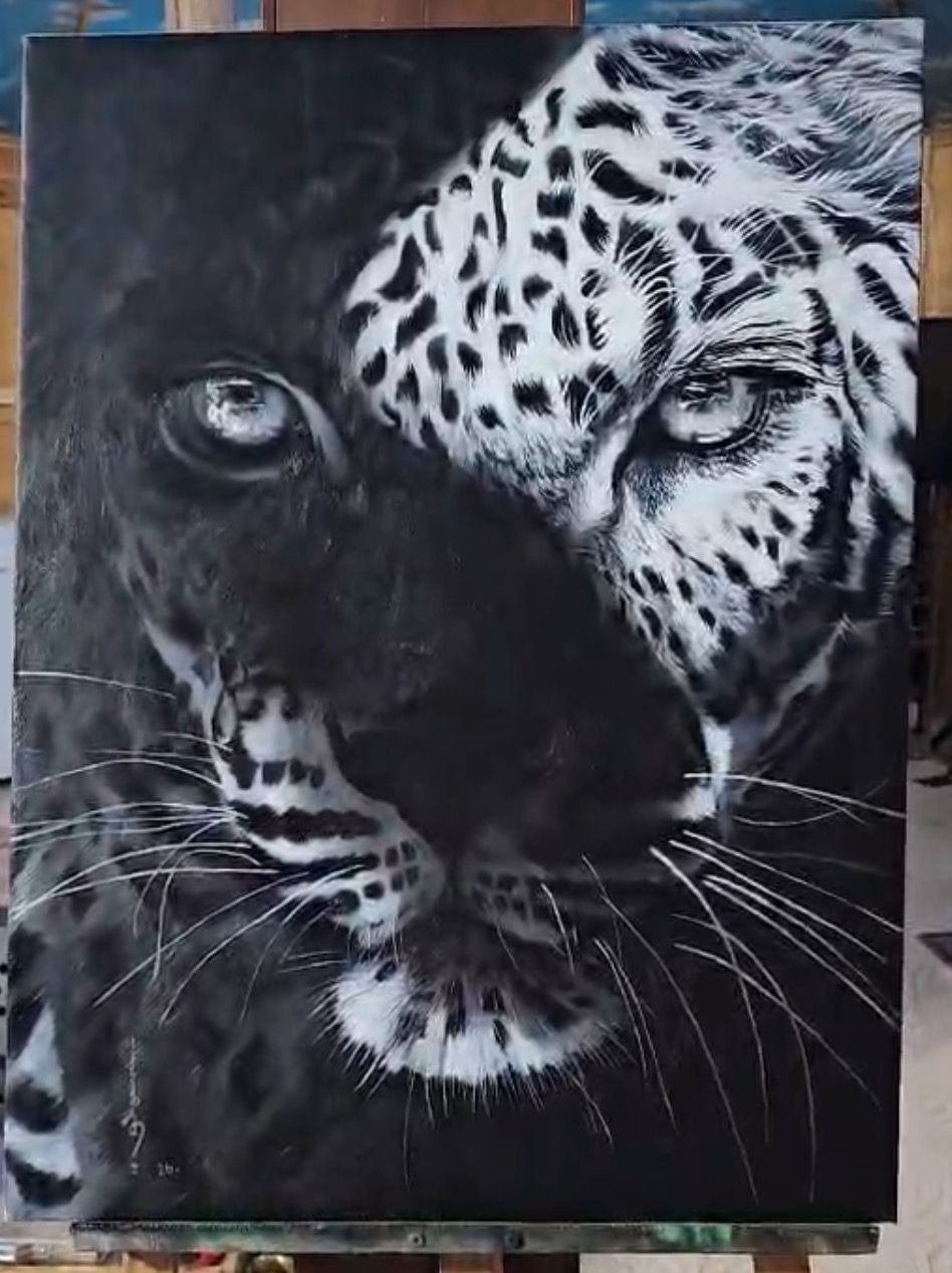 A striking black-and-white portrait of two leopards merging into a single face.