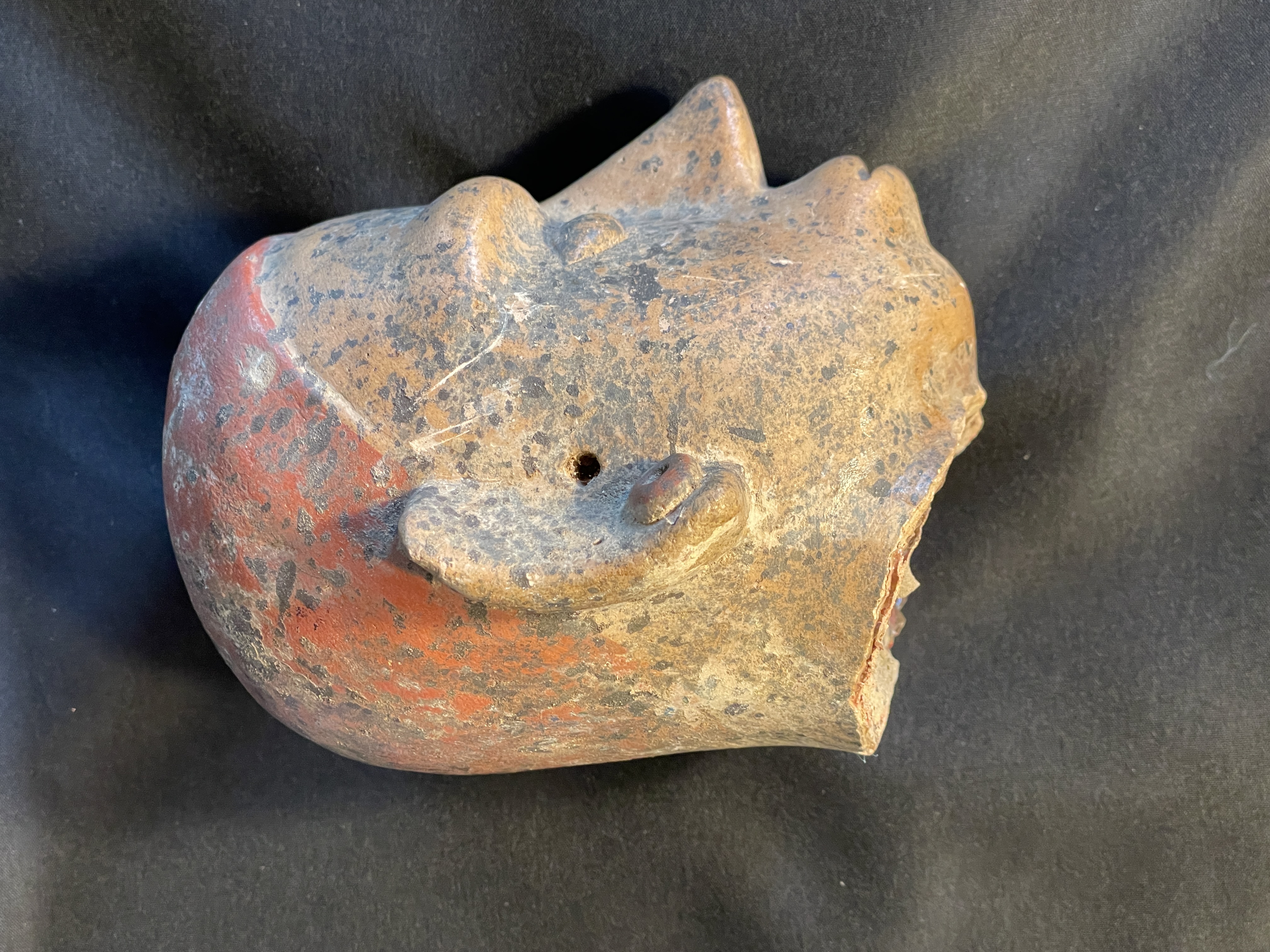 A ceramic head fragment displayed in a glass case within an art gallery.