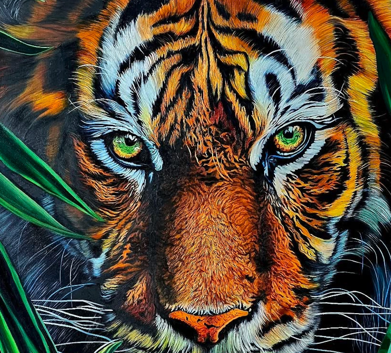 A person in a suit observes a large, hyper-realistic tiger painting amidst lush green foliage.