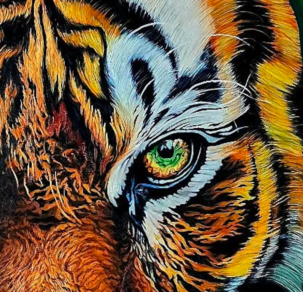 A person in a suit observes a large, hyper-realistic tiger painting amidst lush green foliage.