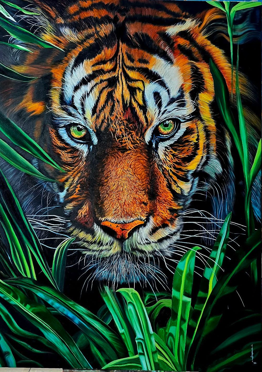 A person in a suit observes a large, hyper-realistic tiger painting amidst lush green foliage.
