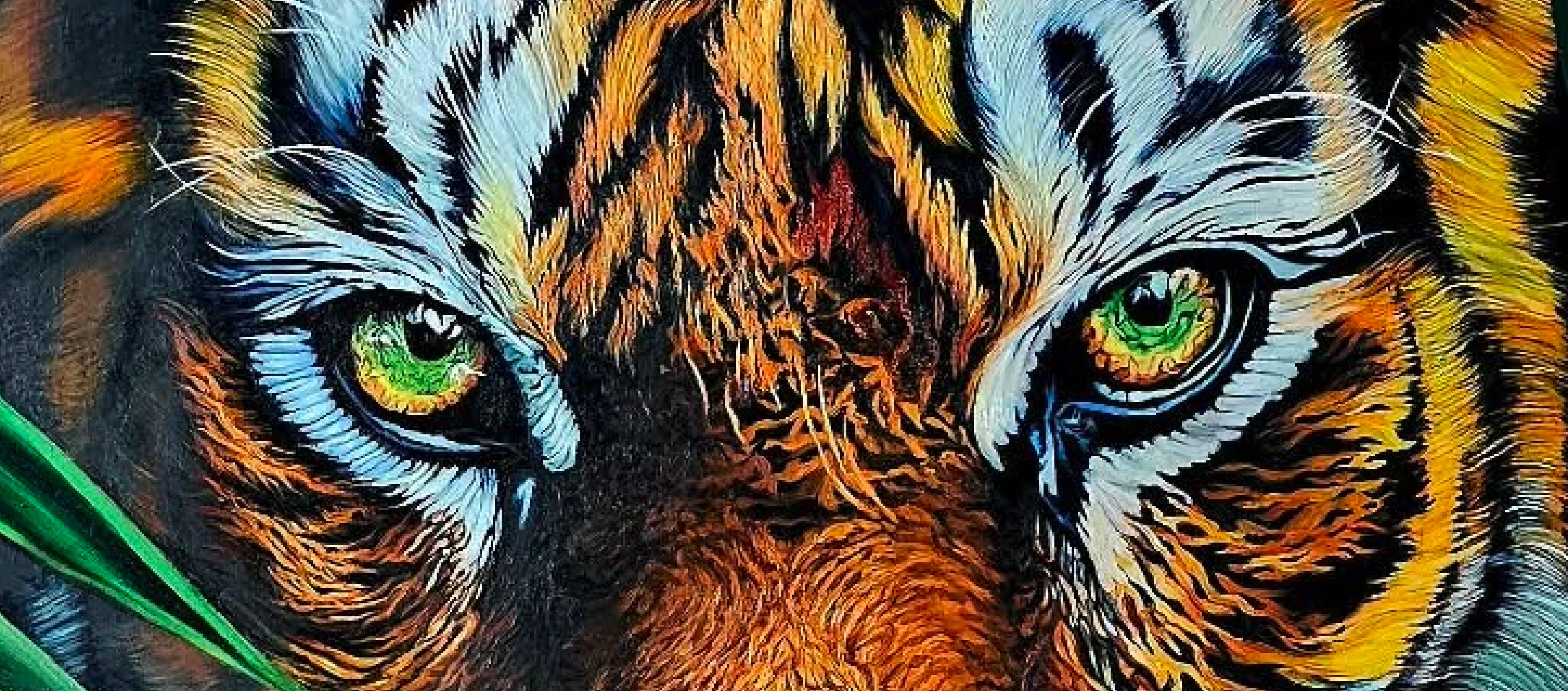 A person in a suit observes a large, hyper-realistic tiger painting amidst lush green foliage.