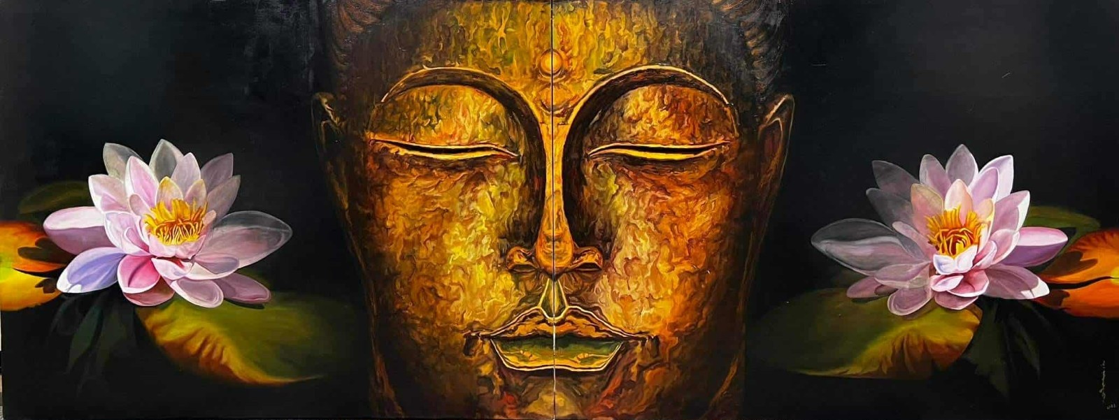 A person stands in a gallery, observing a large painting of a golden face flanked by pink lotus flowers.