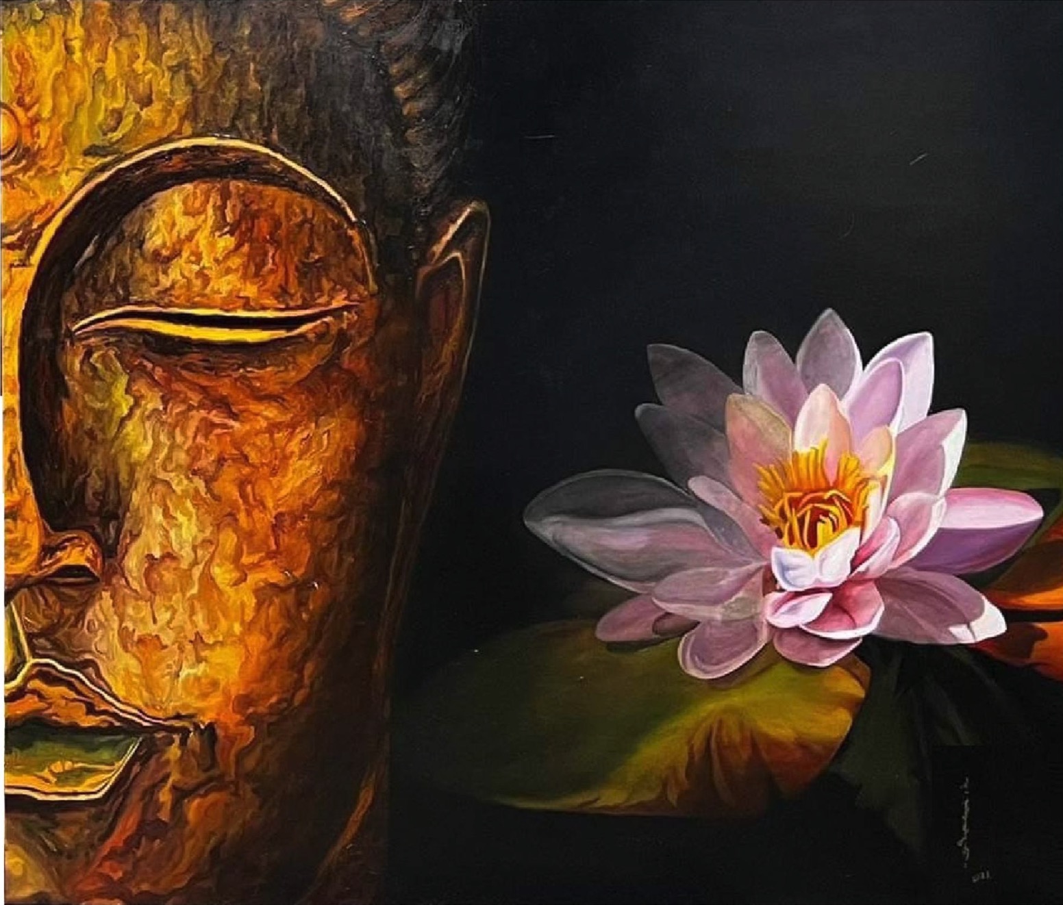 A person stands in a gallery, observing a large painting of a golden face flanked by pink lotus flowers.