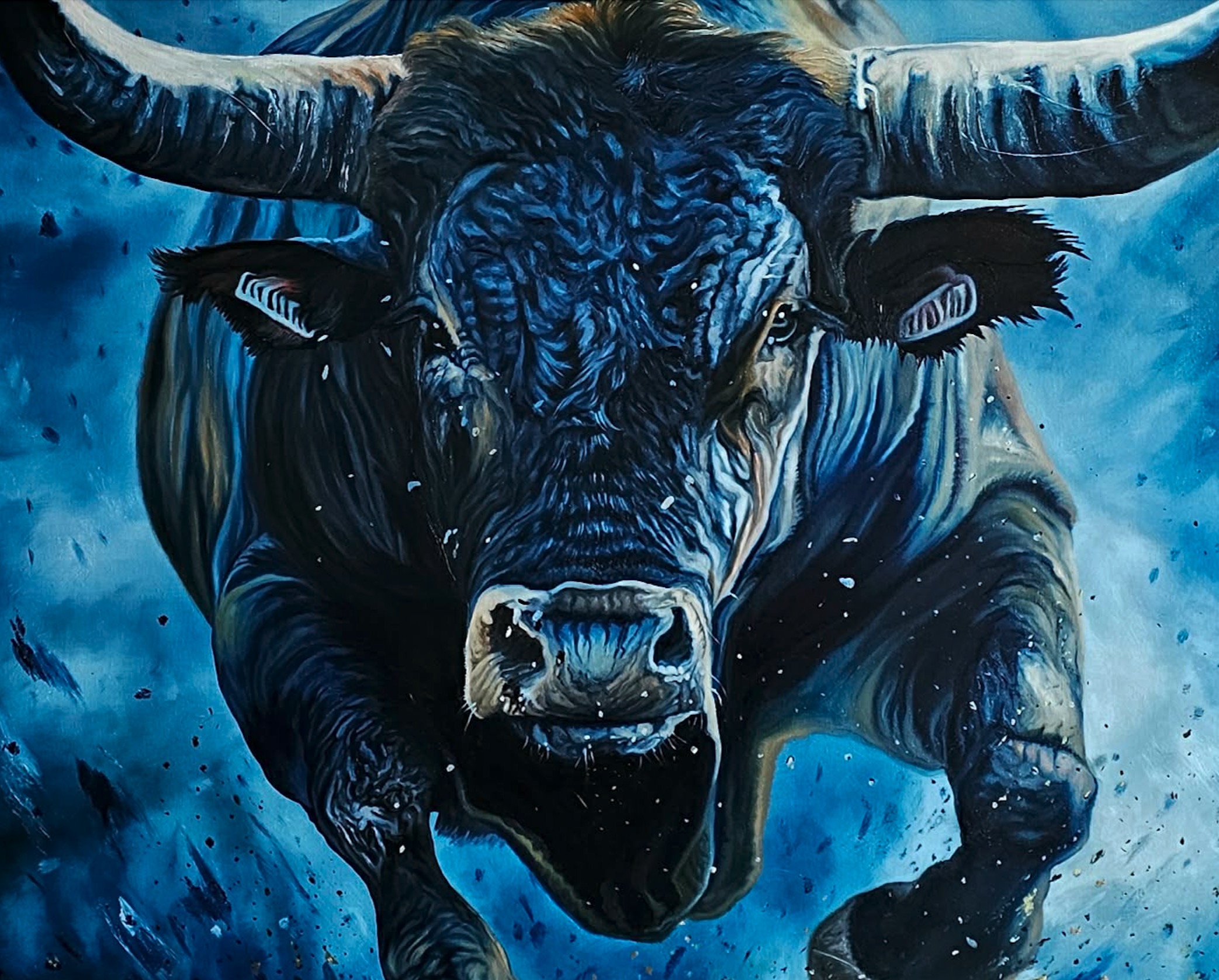 A woman in a black suit observes a large, dynamic painting of a bull against a deep blue background.