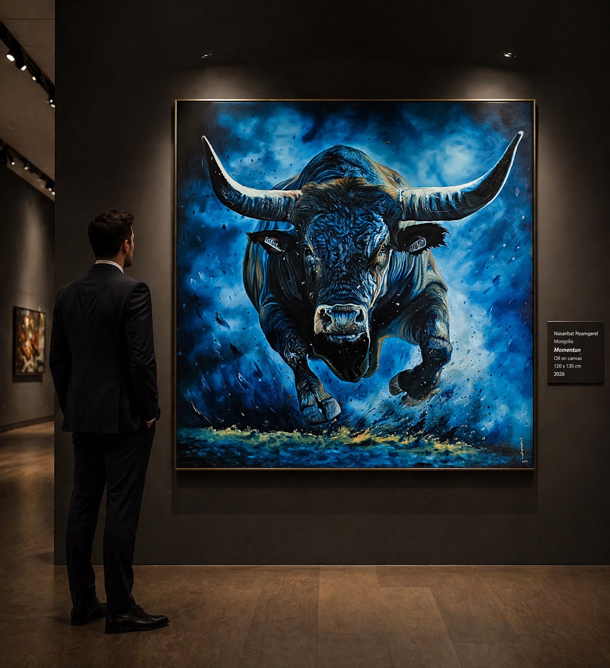 A woman in a black suit observes a large, dynamic painting of a bull against a deep blue background.