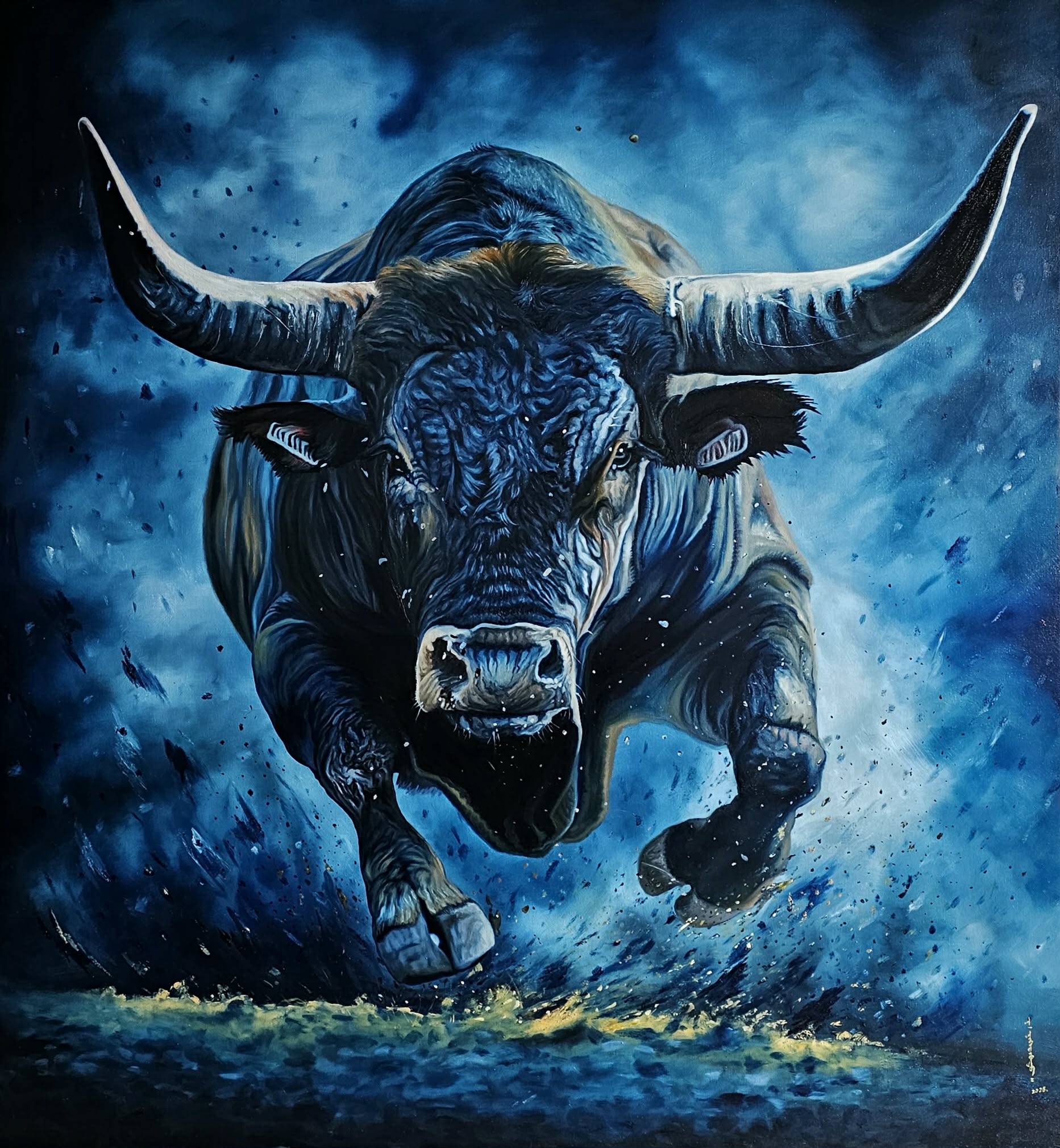 A woman in a black suit observes a large, dynamic painting of a bull against a deep blue background.