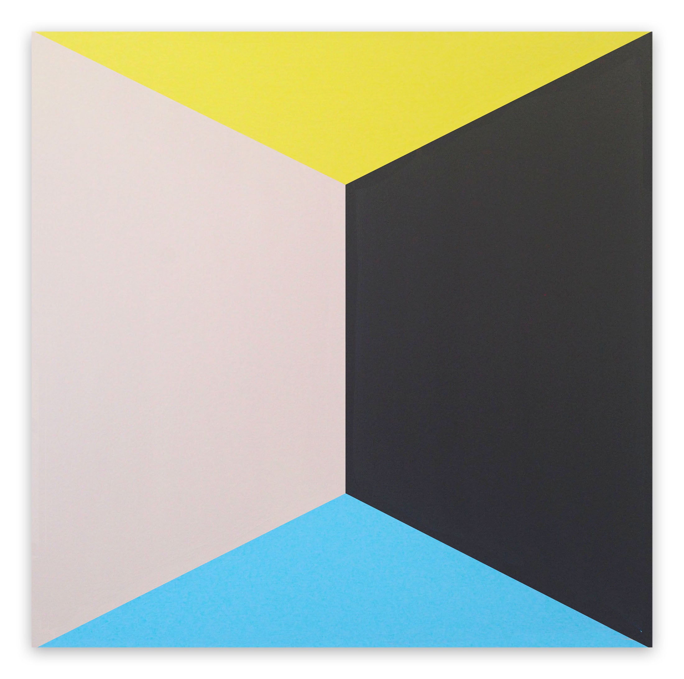 A black, yellow, and blue painting on a white wall.
