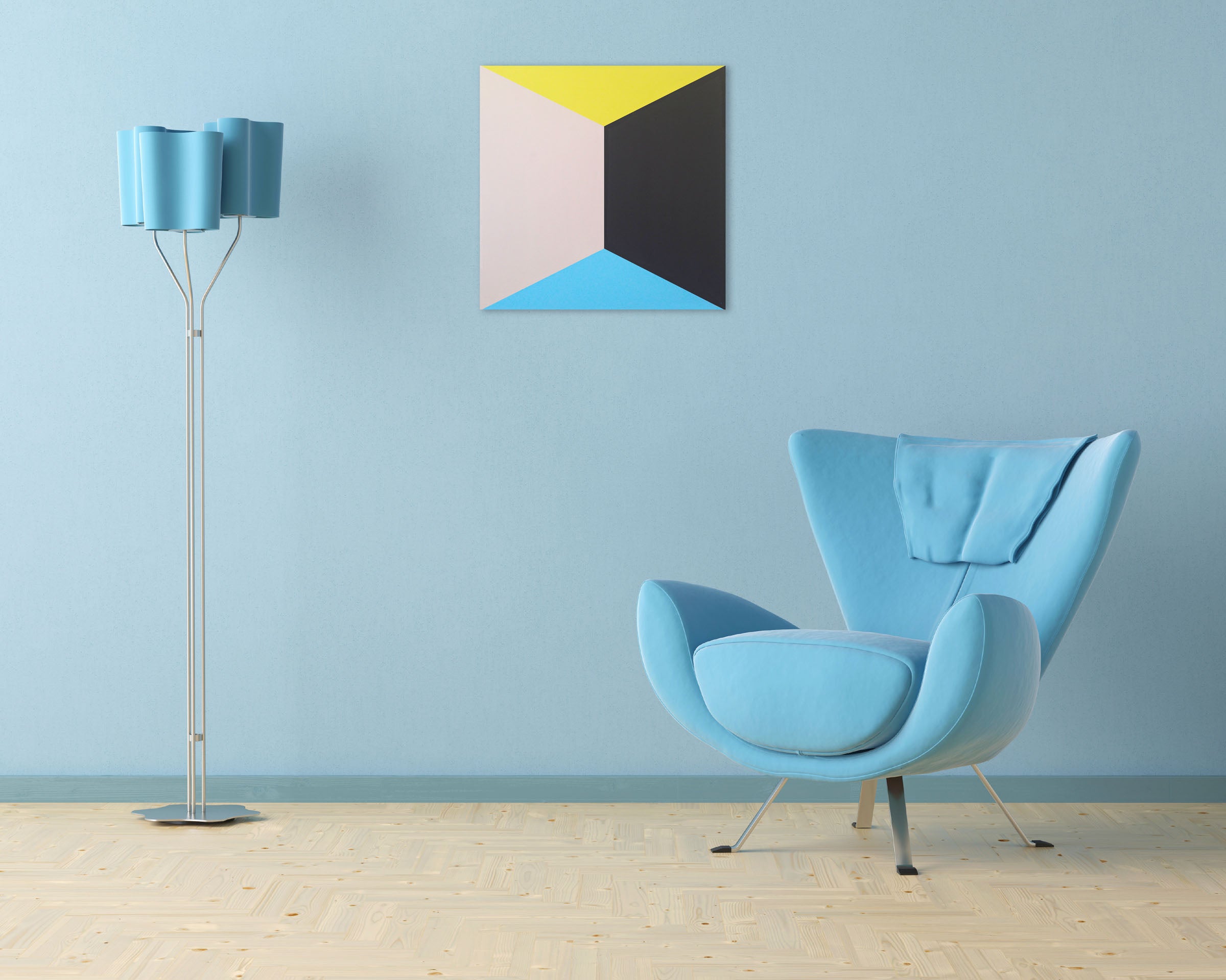 A black, yellow, and blue painting on a white wall.