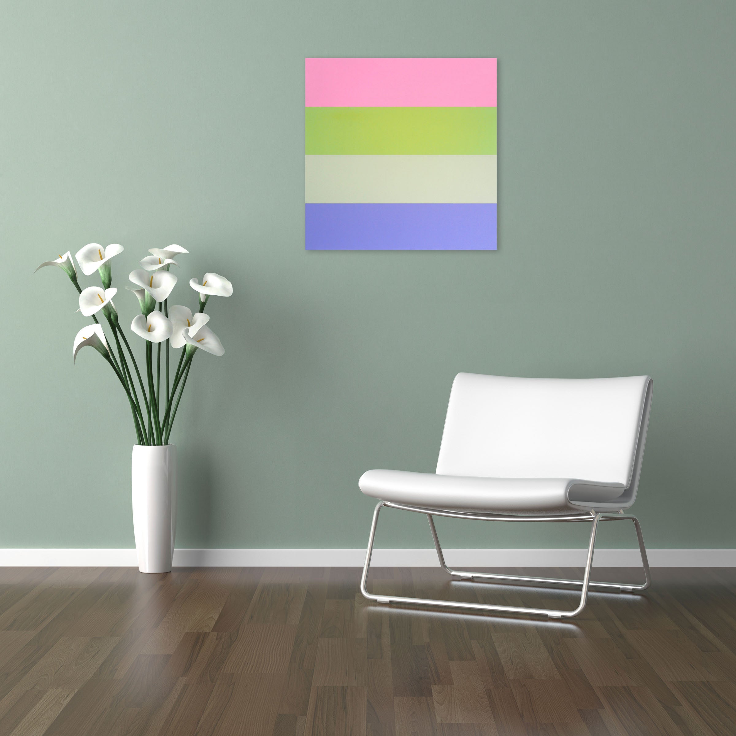 A pink, green, blue, and purple striped paper on a white background.