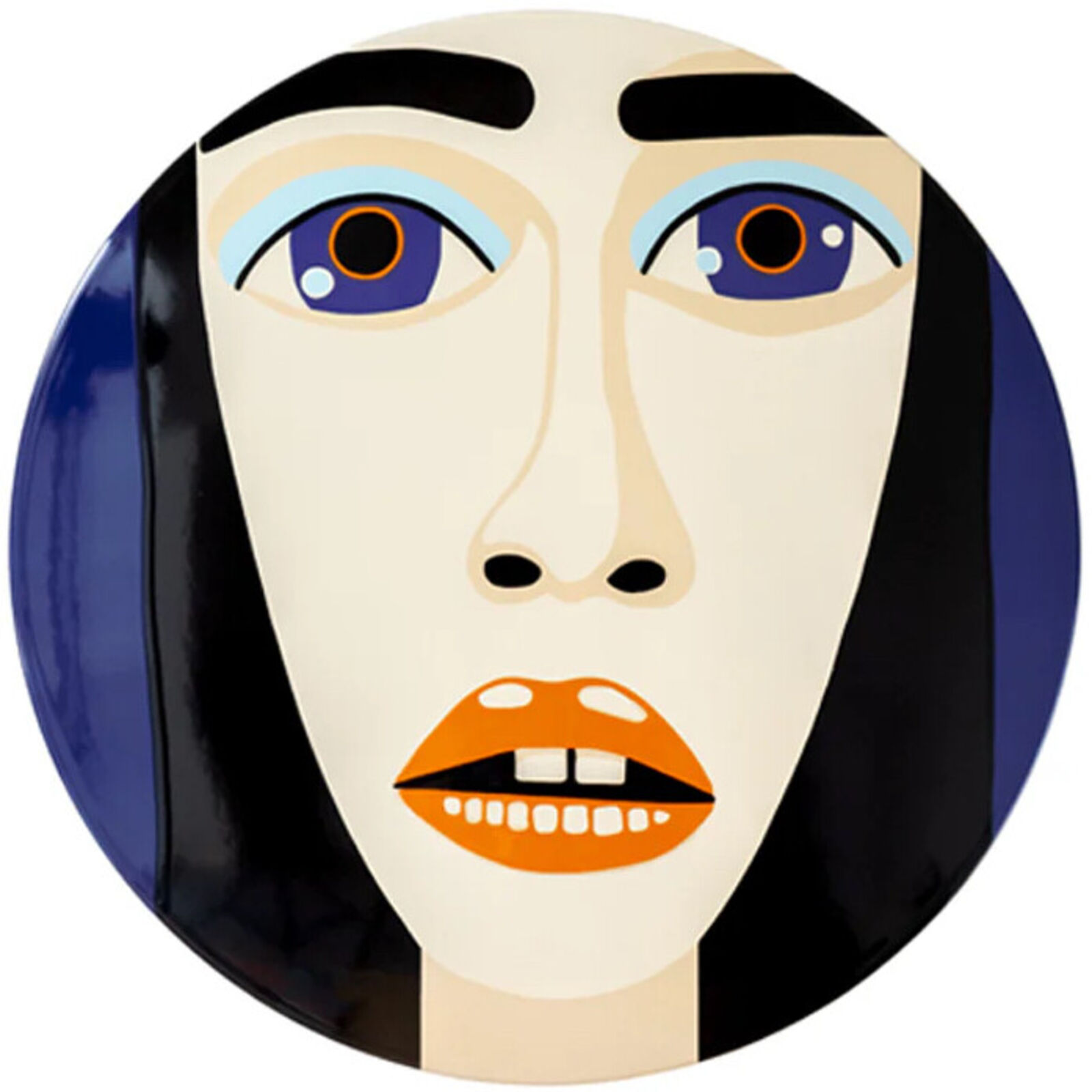 A painting of a woman's face on a blue plate.