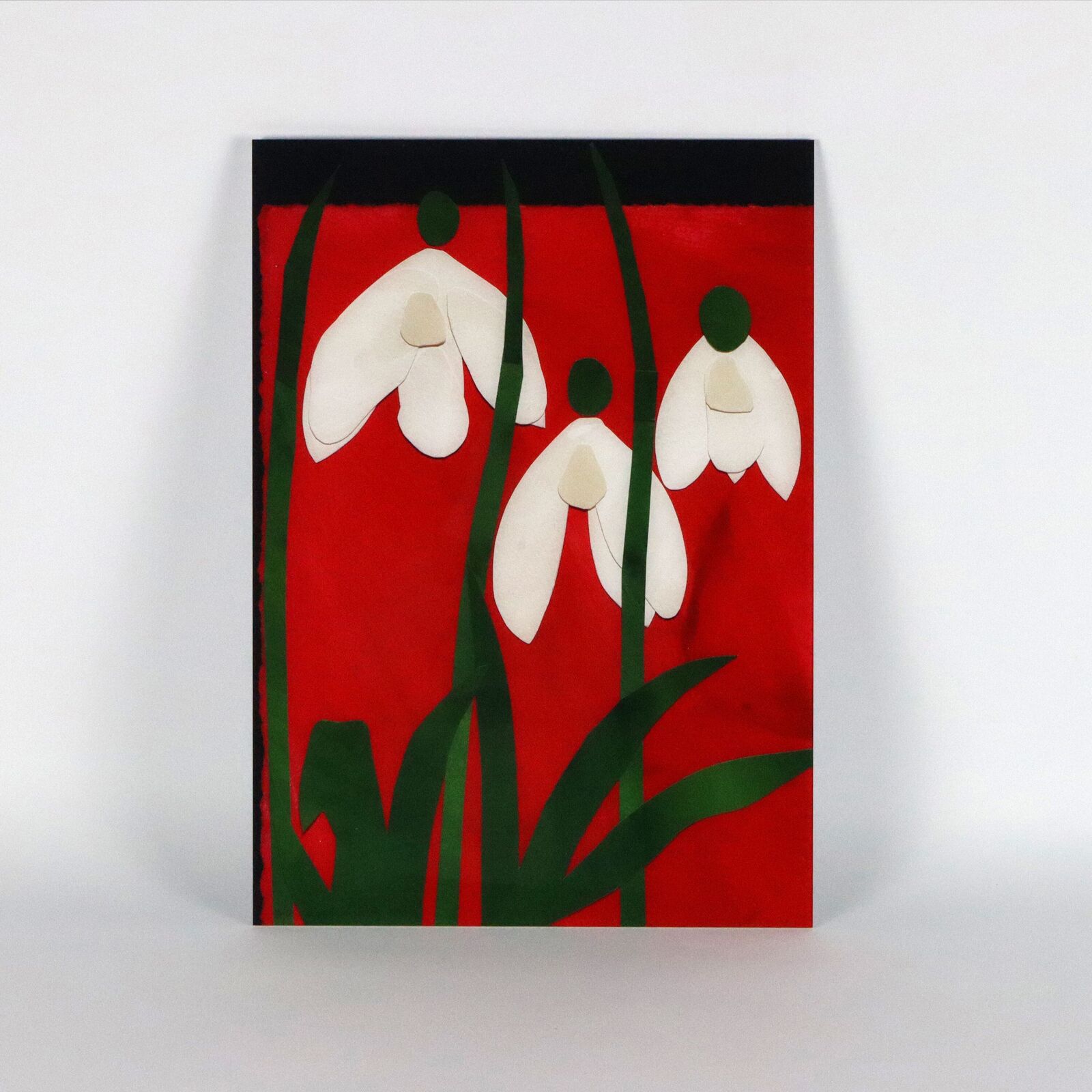 A set of six paintings of flowers on a white wall.