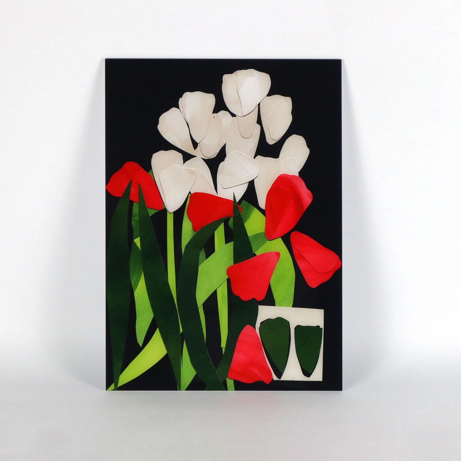 A set of six paintings of flowers on a white wall.