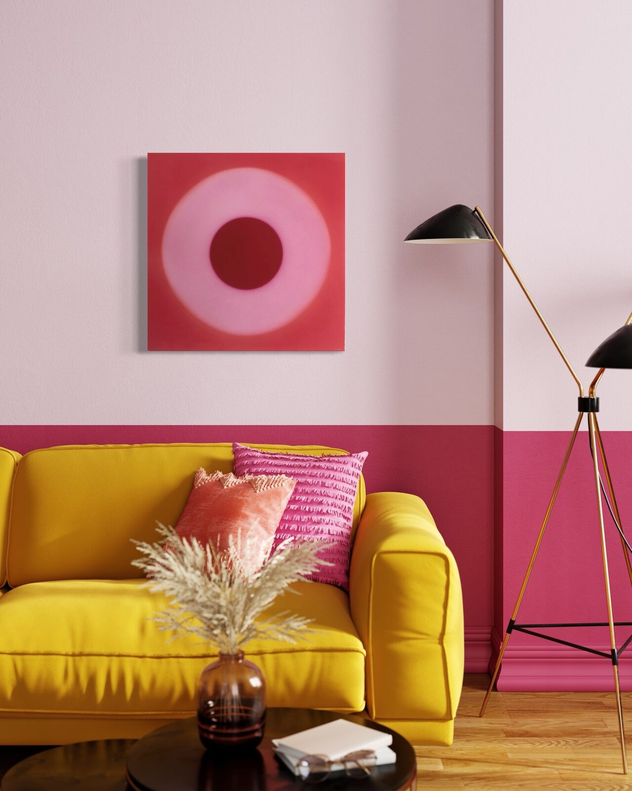 A minimalist abstract composition featuring concentric circles in shades of red and pink.