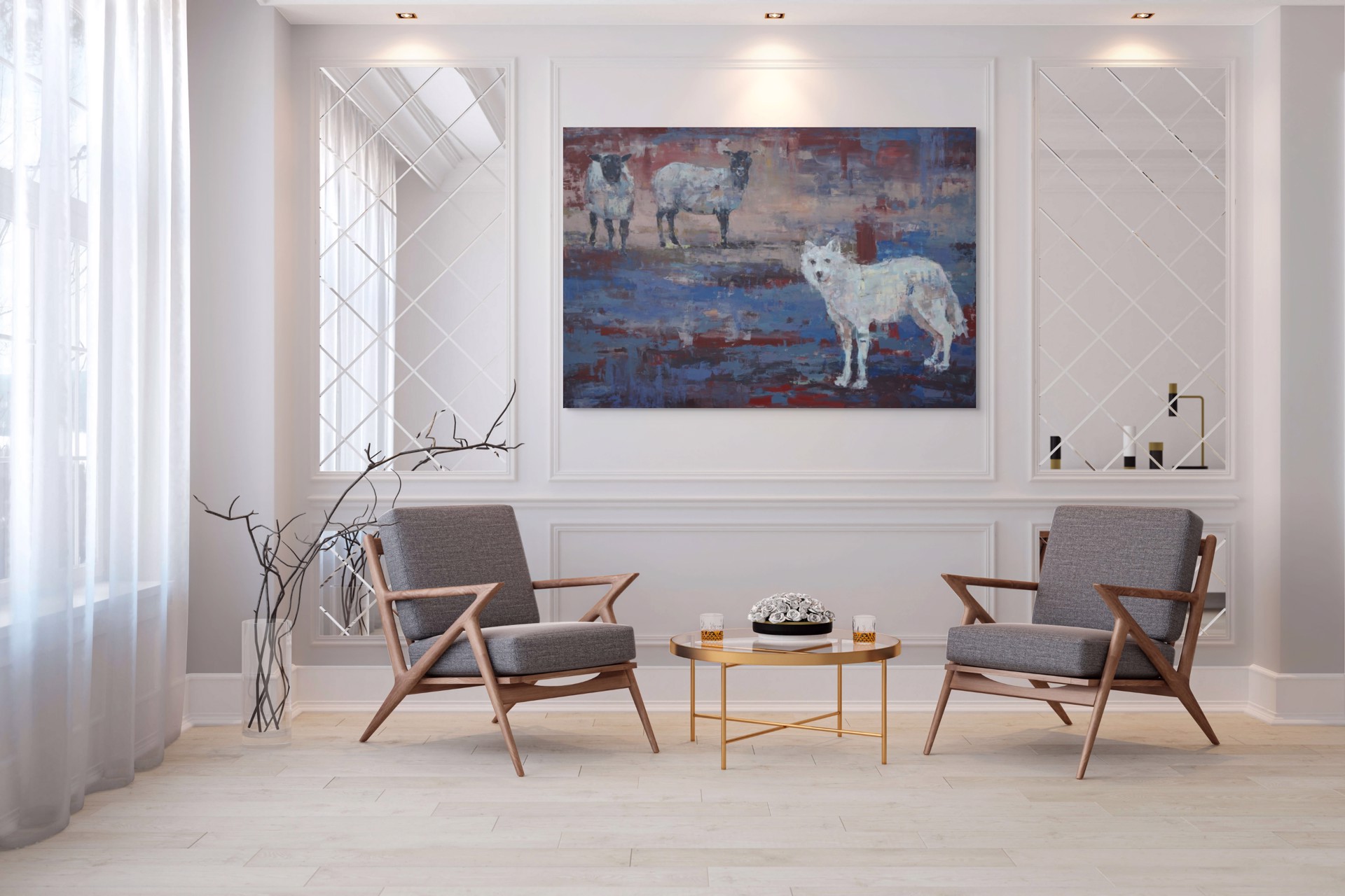 A painting of three sheep standing next to each other.
