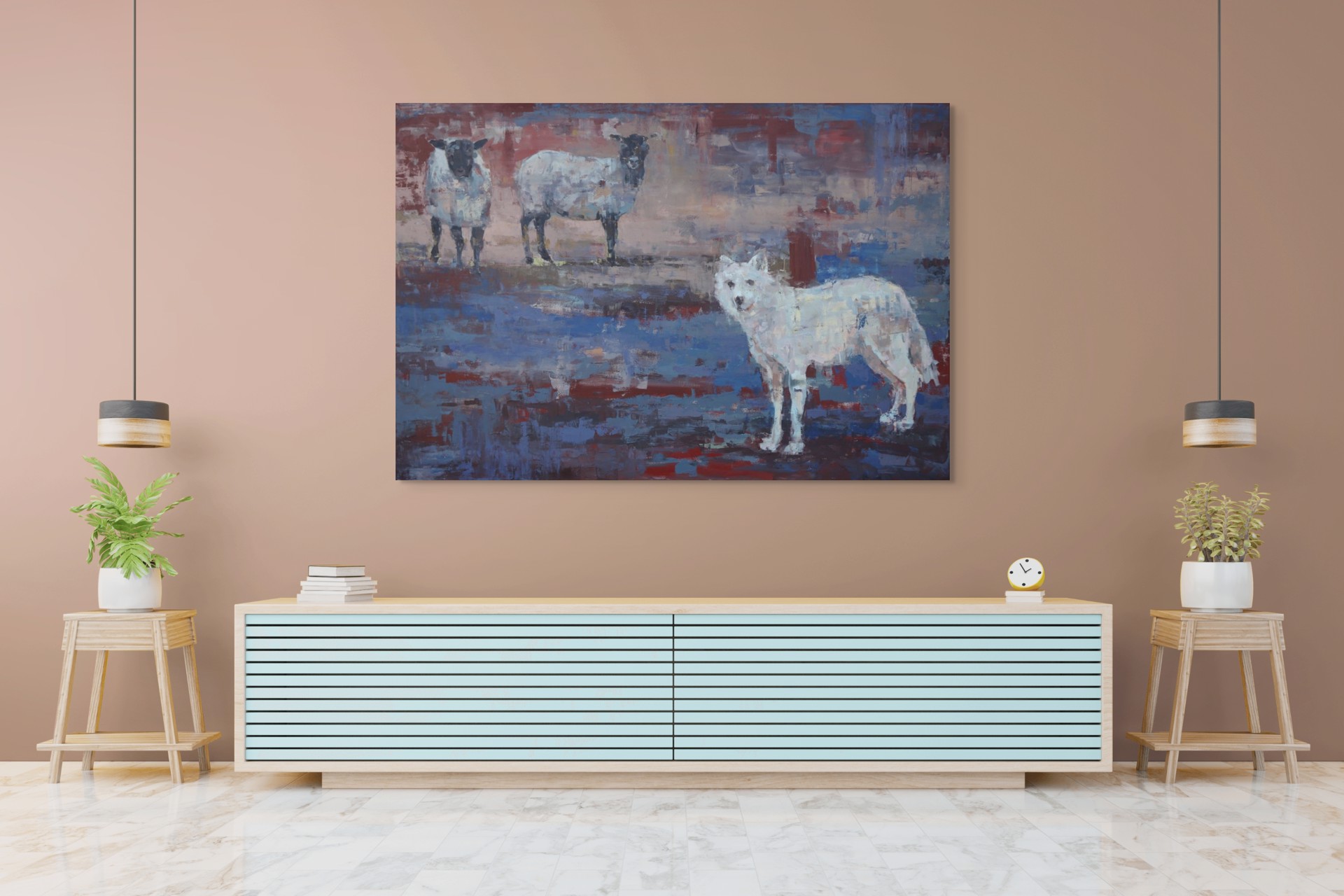 A painting of three sheep standing next to each other.