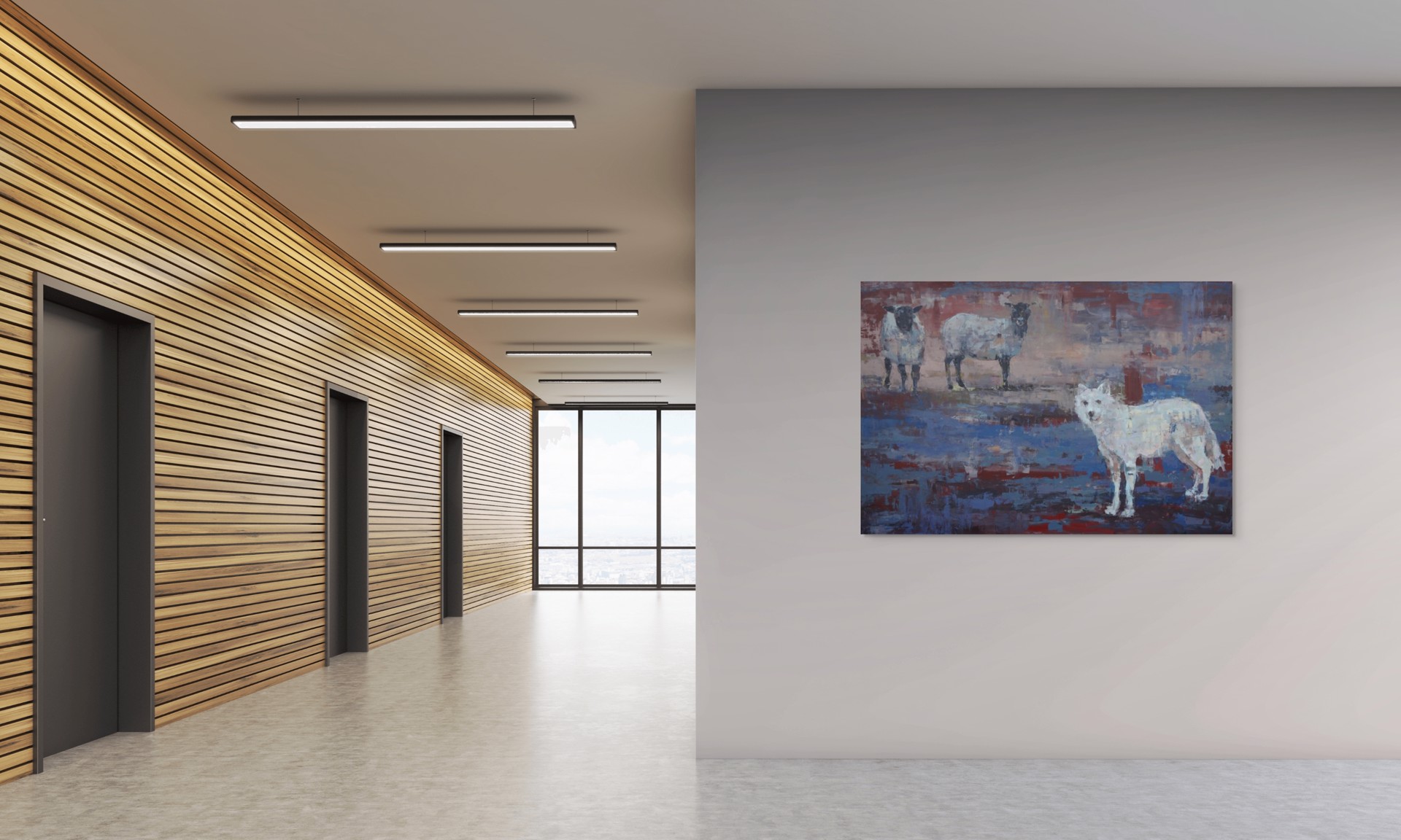 A painting of three sheep standing next to each other.