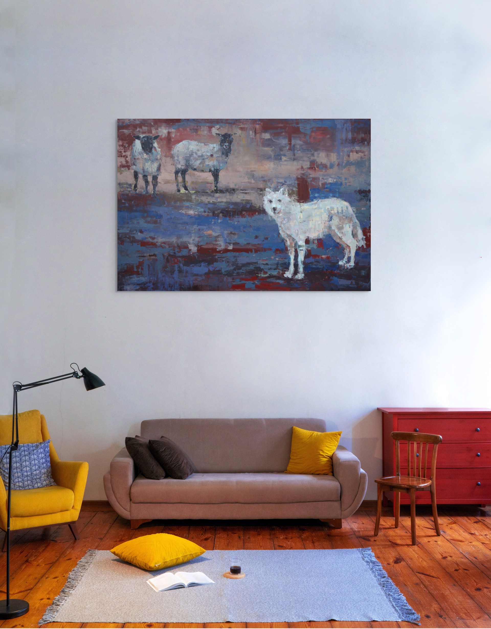 A painting of three sheep standing next to each other.