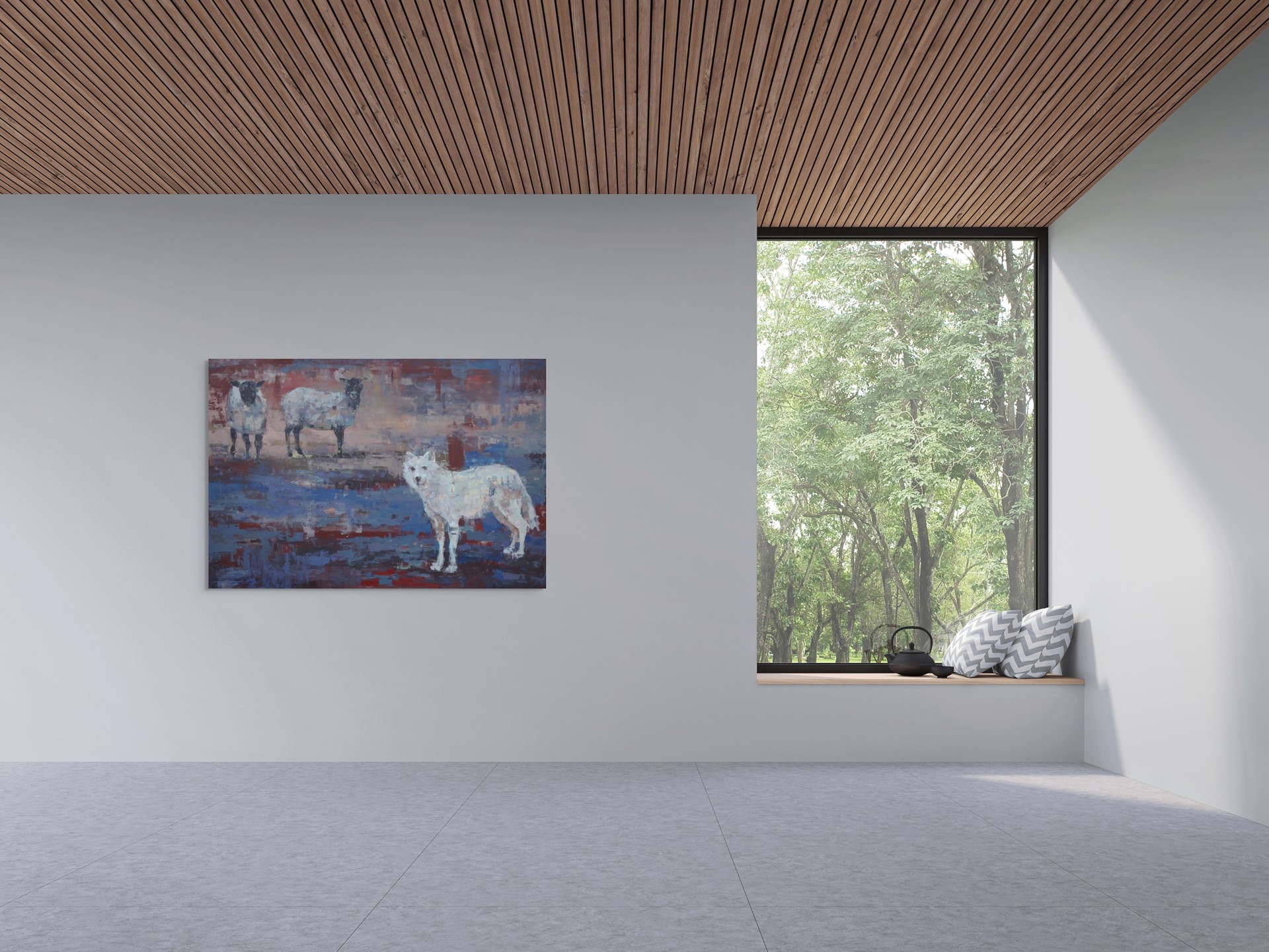 A painting of three sheep standing next to each other.