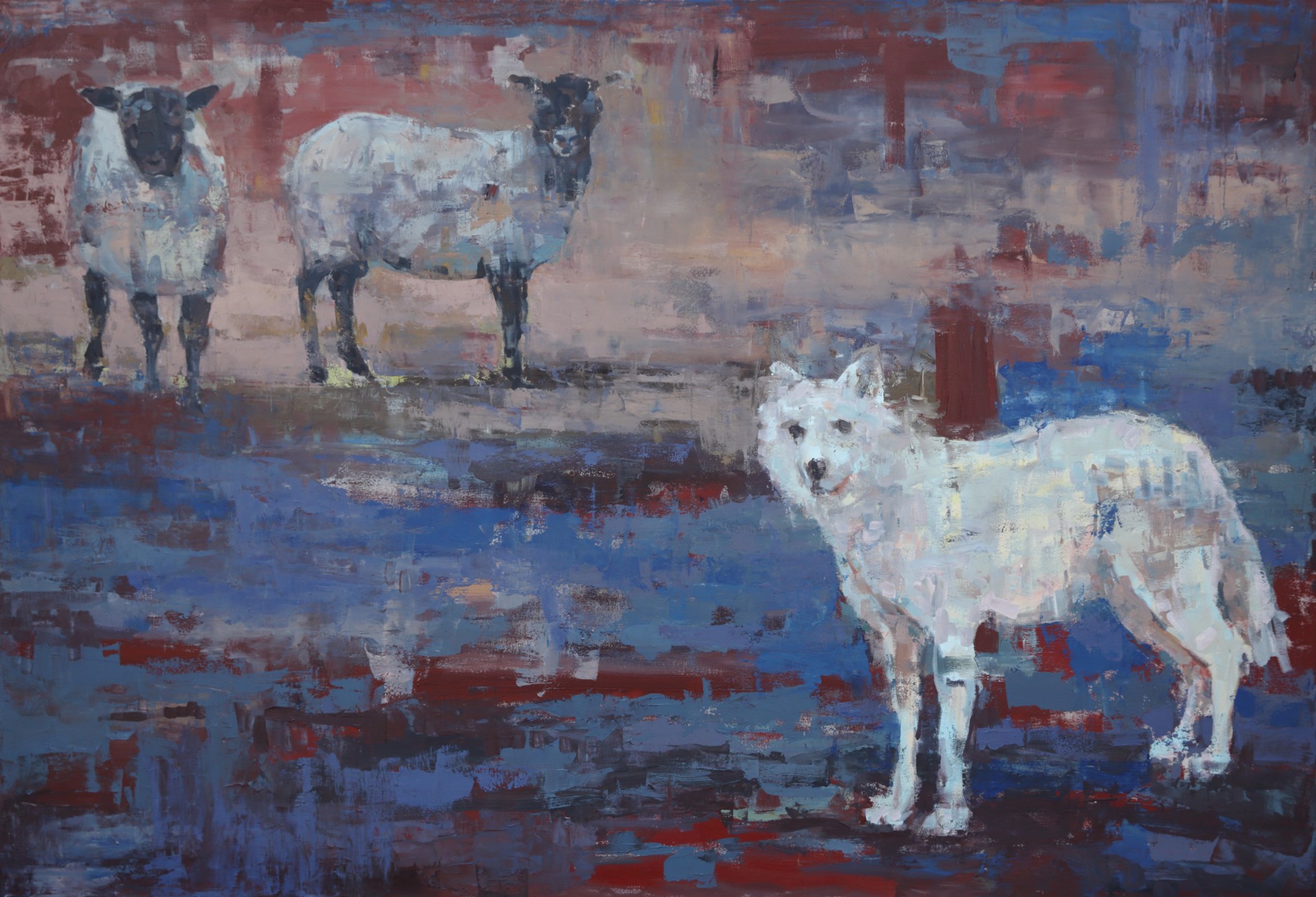A painting of three sheep standing next to each other.