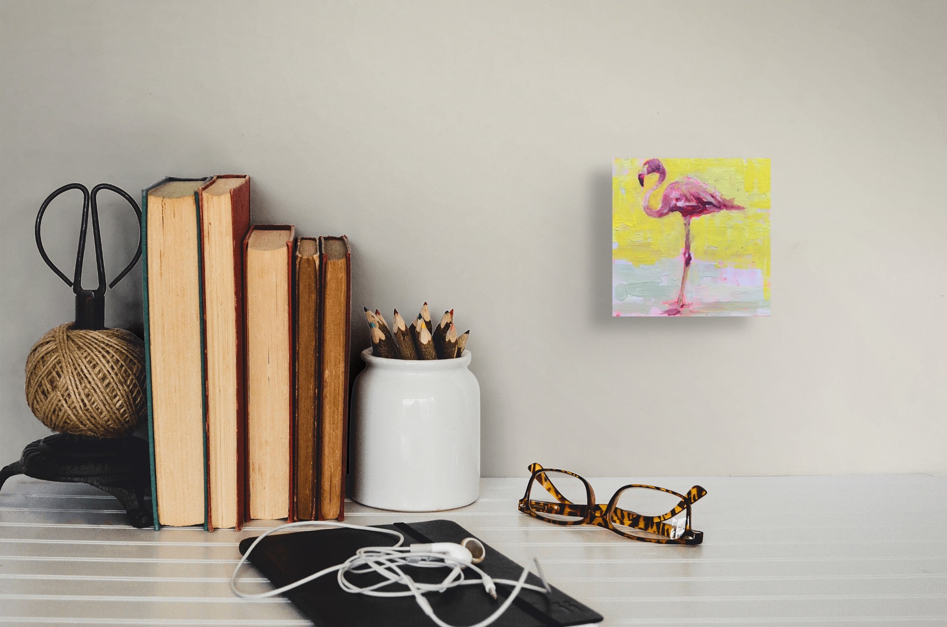 A bold, textured painting of a pink flamingo against a vibrant yellow background.
