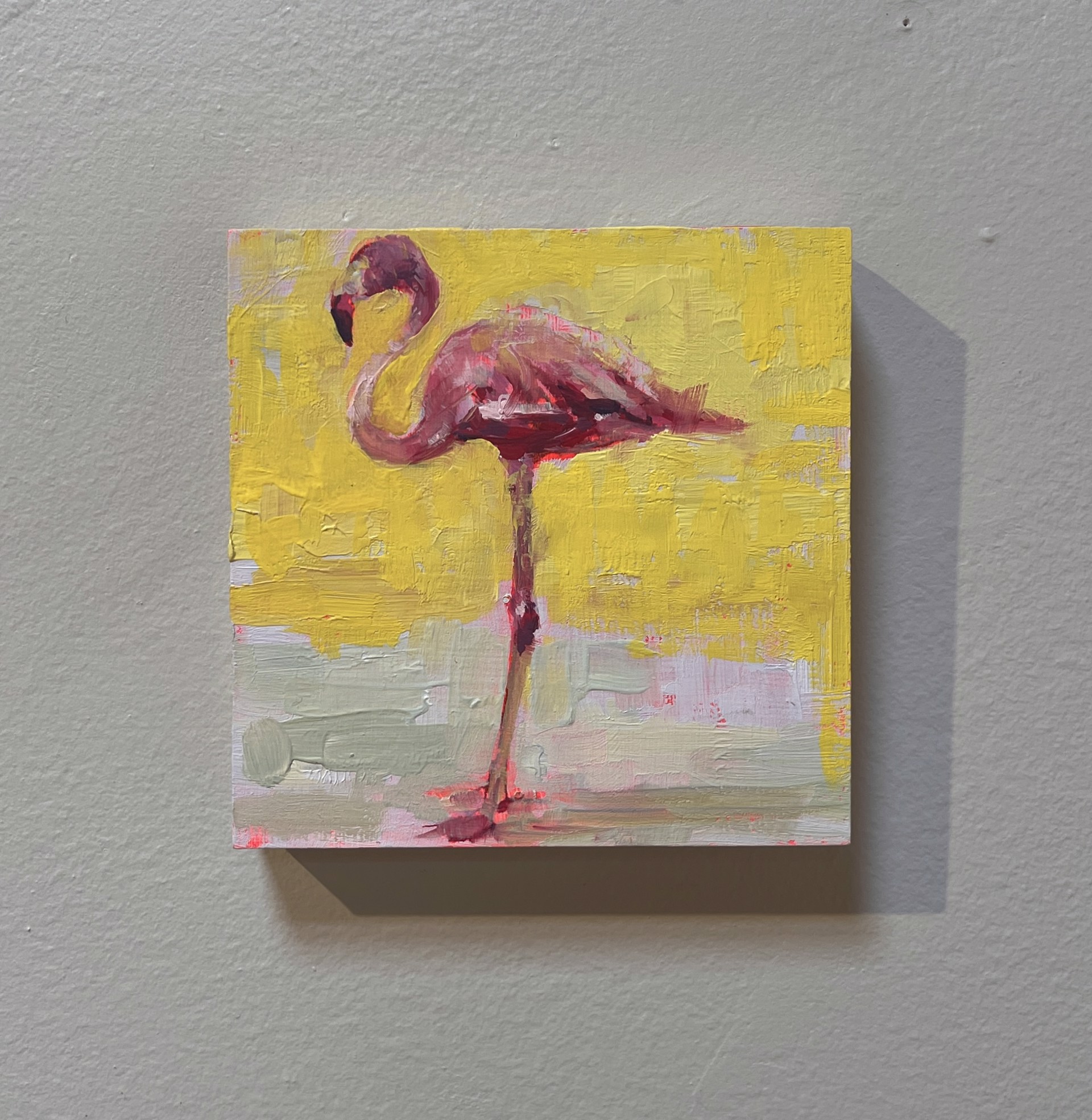 A bold, textured painting of a pink flamingo against a vibrant yellow background.
