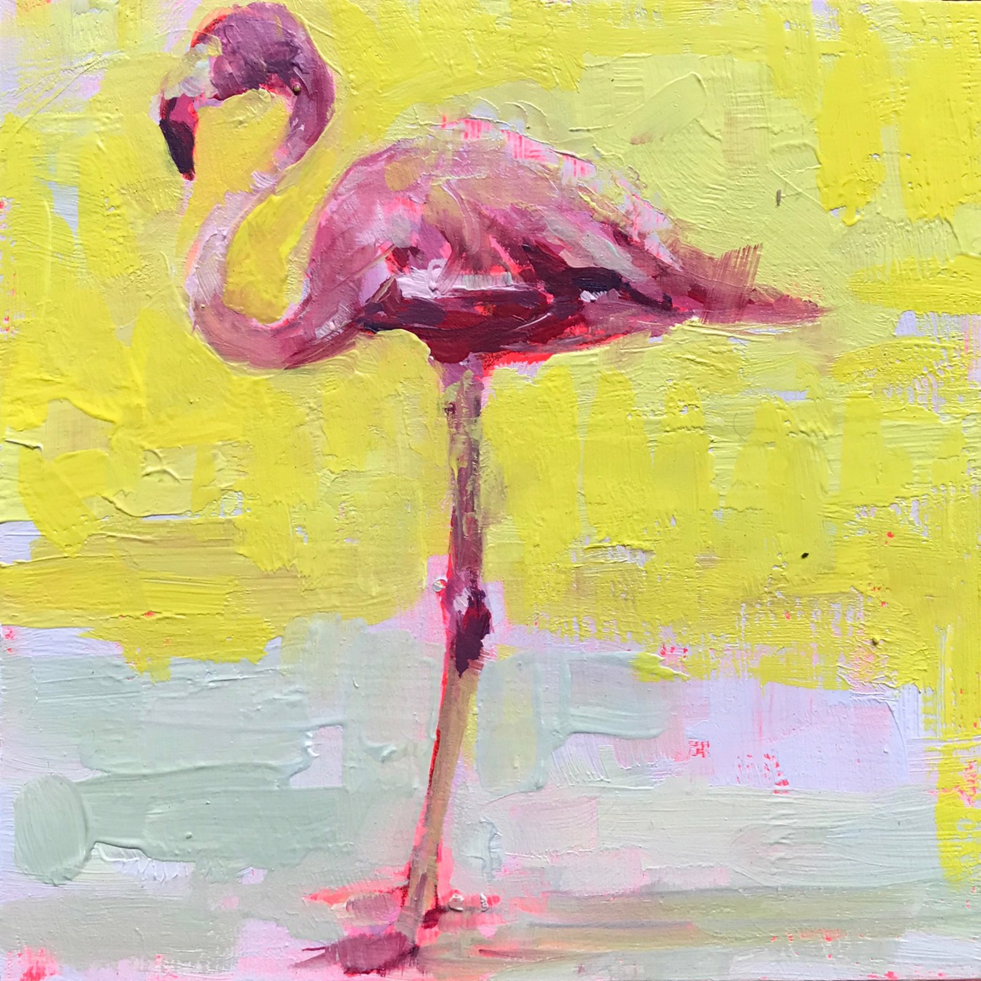 A bold, textured painting of a pink flamingo against a vibrant yellow background.