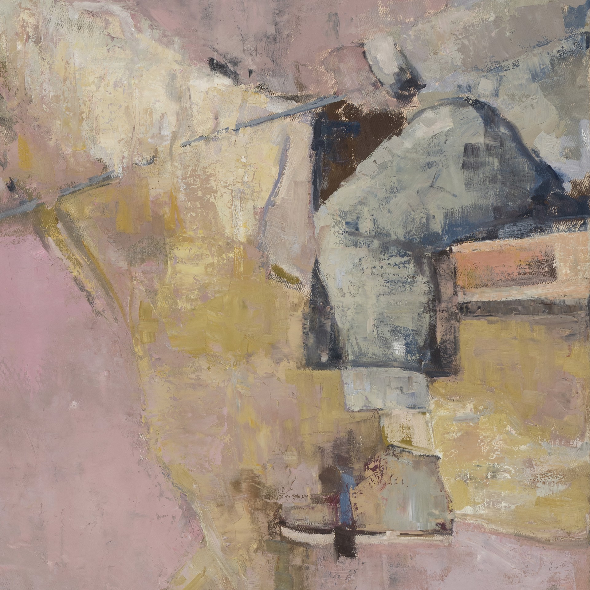 A painting of a man riding a horse on a pink background.