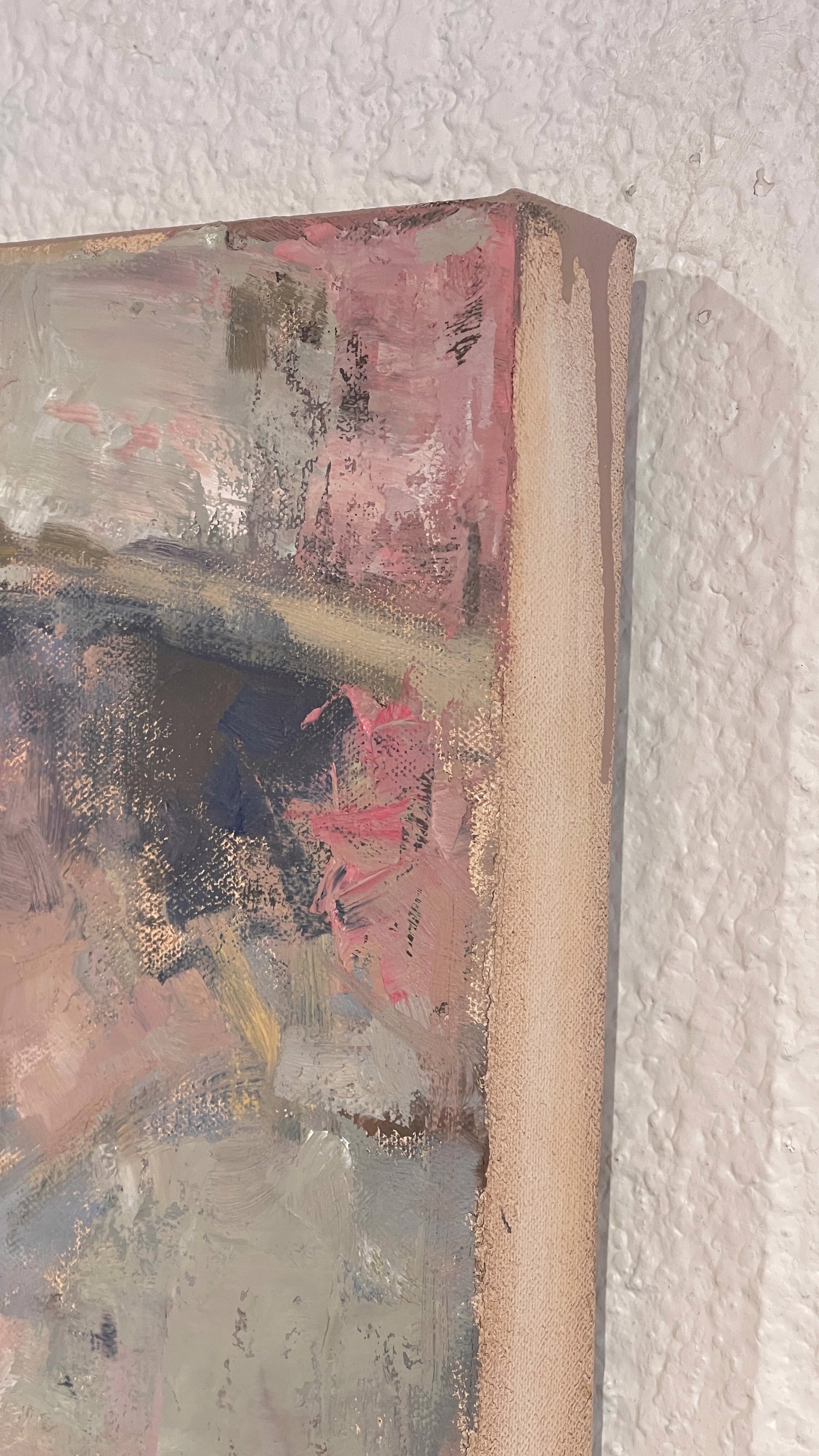 A painting of a man riding a horse on a pink background.
