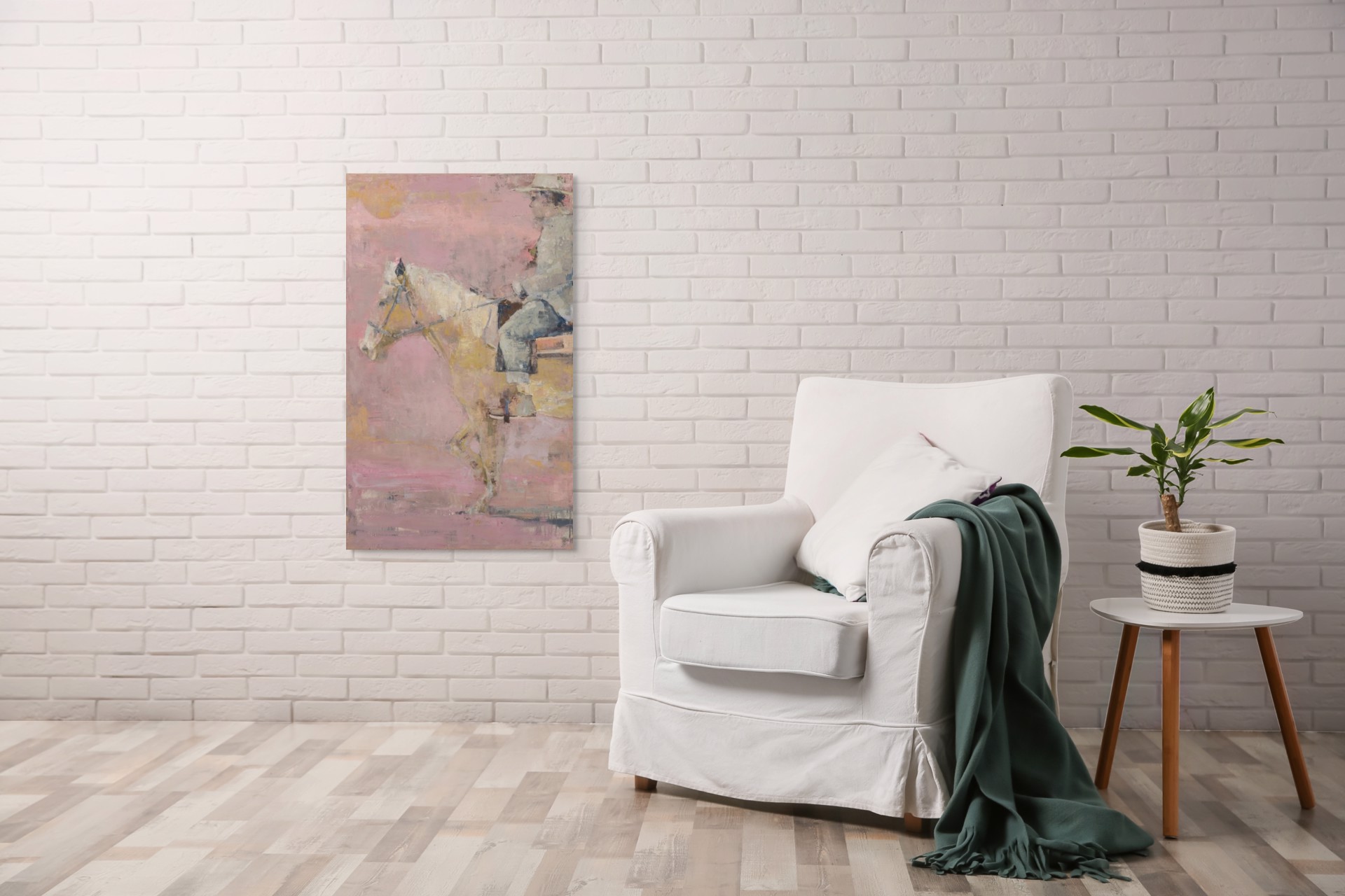 A painting of a man riding a horse on a pink background.