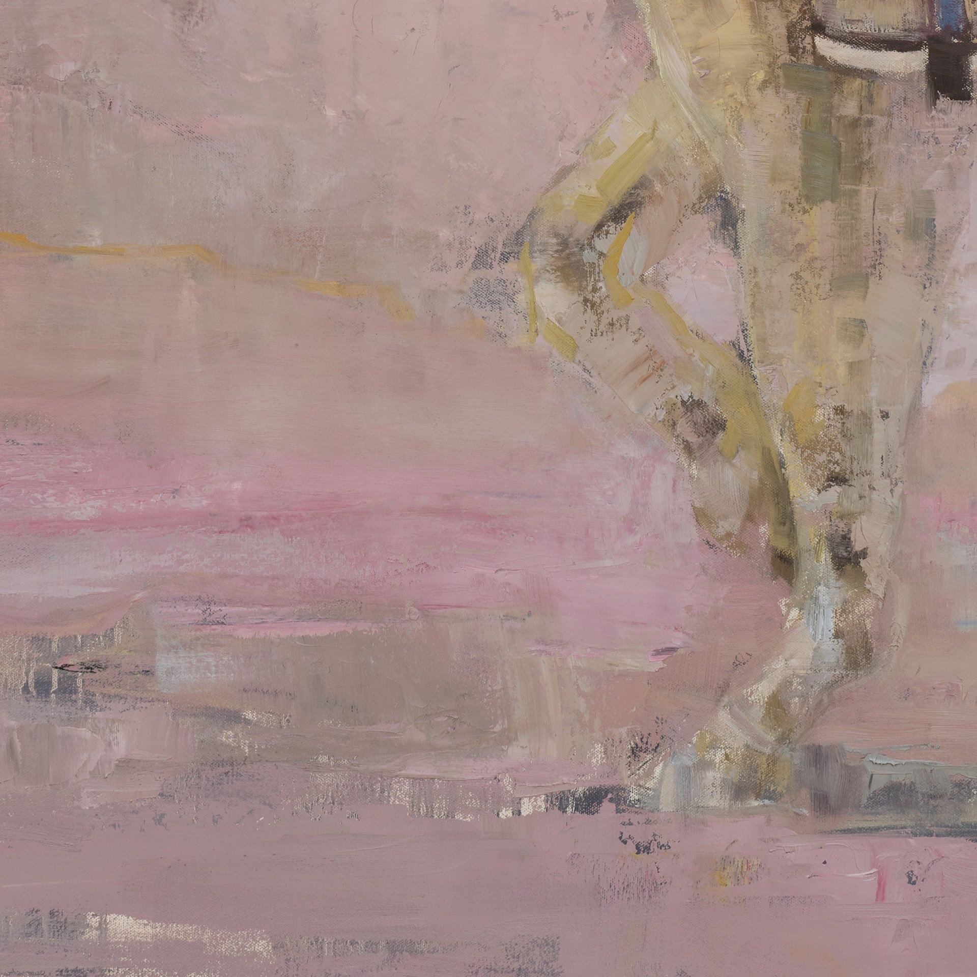 A painting of a man riding a horse on a pink background.