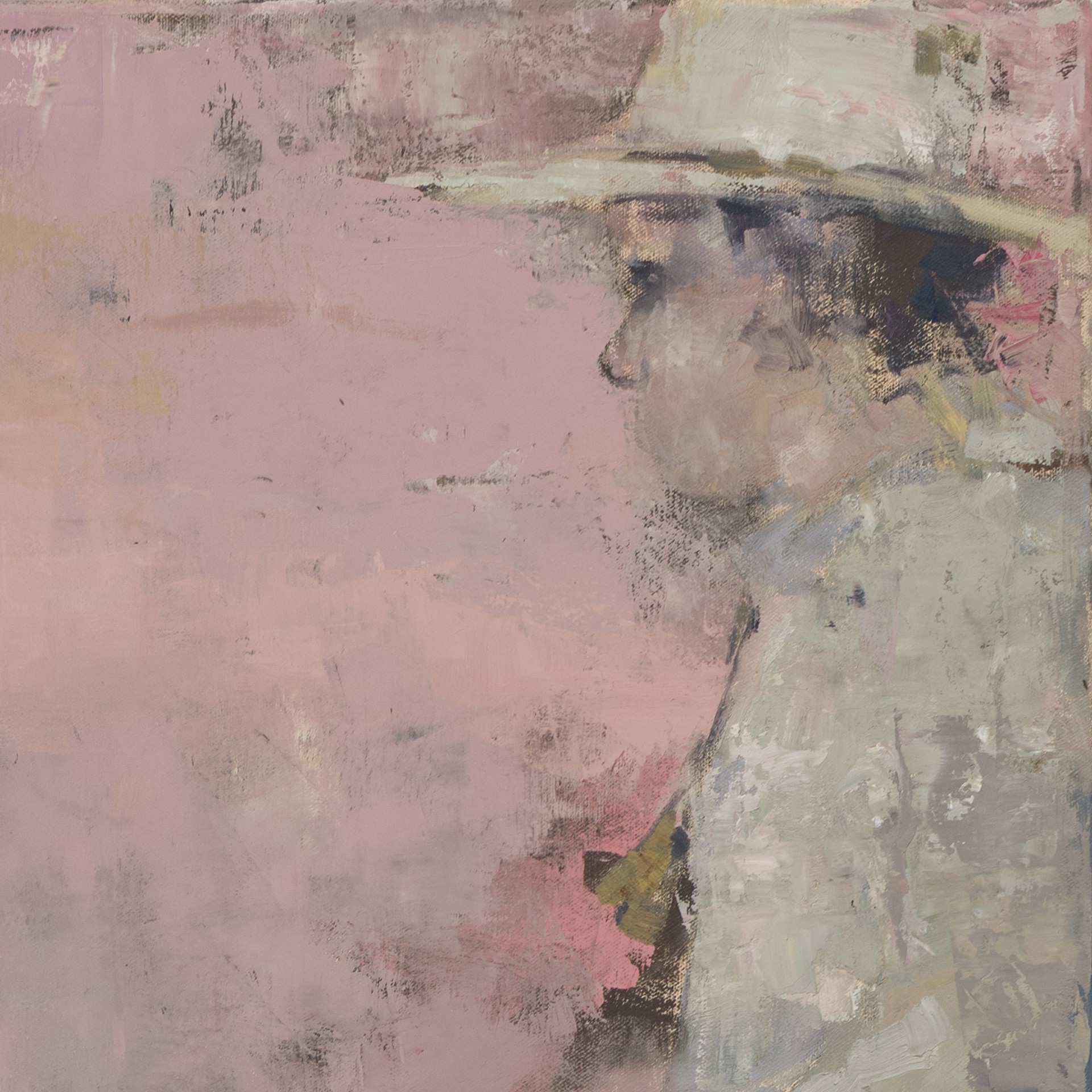 A painting of a man riding a horse on a pink background.