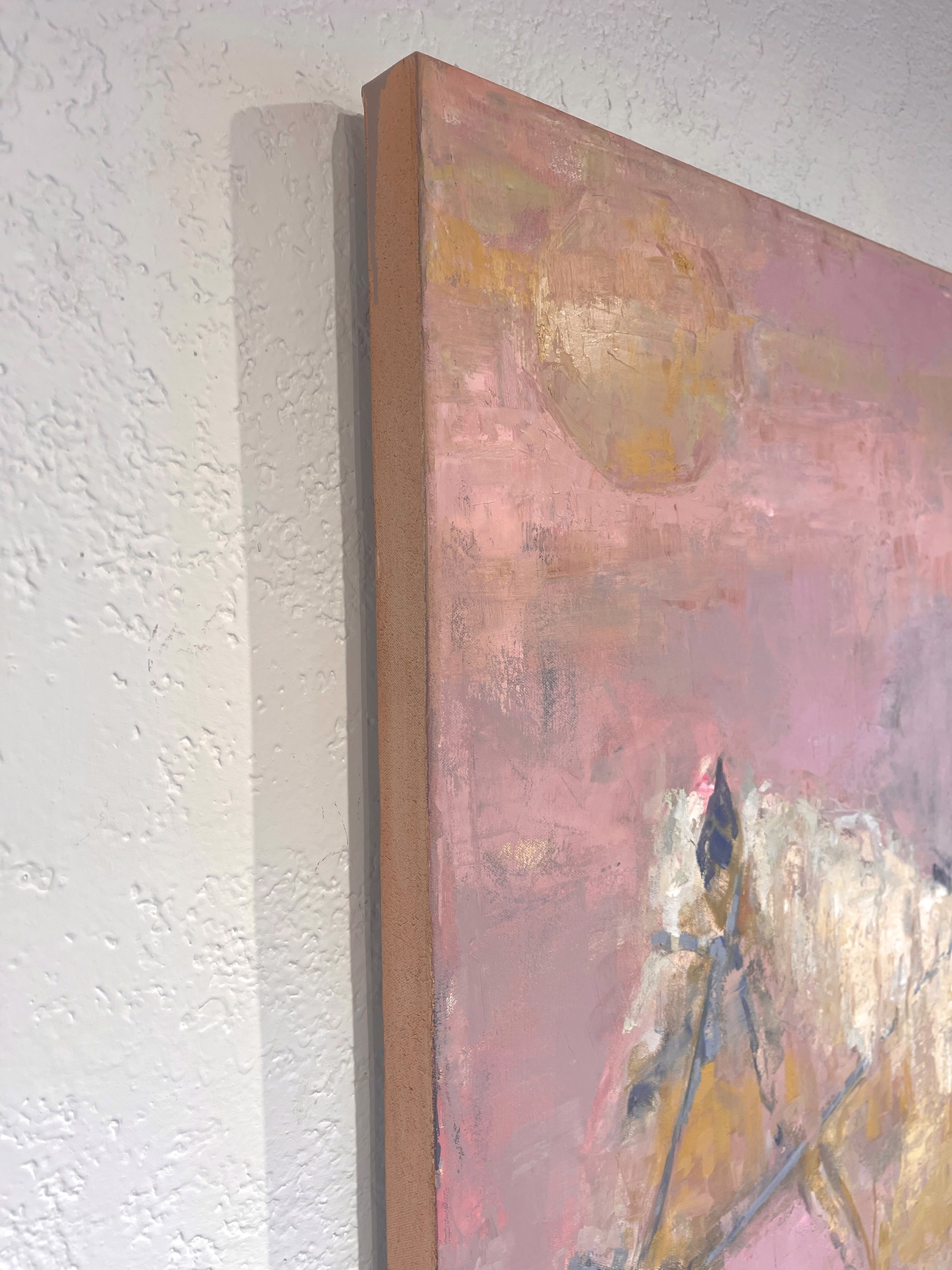A painting of a man riding a horse on a pink background.