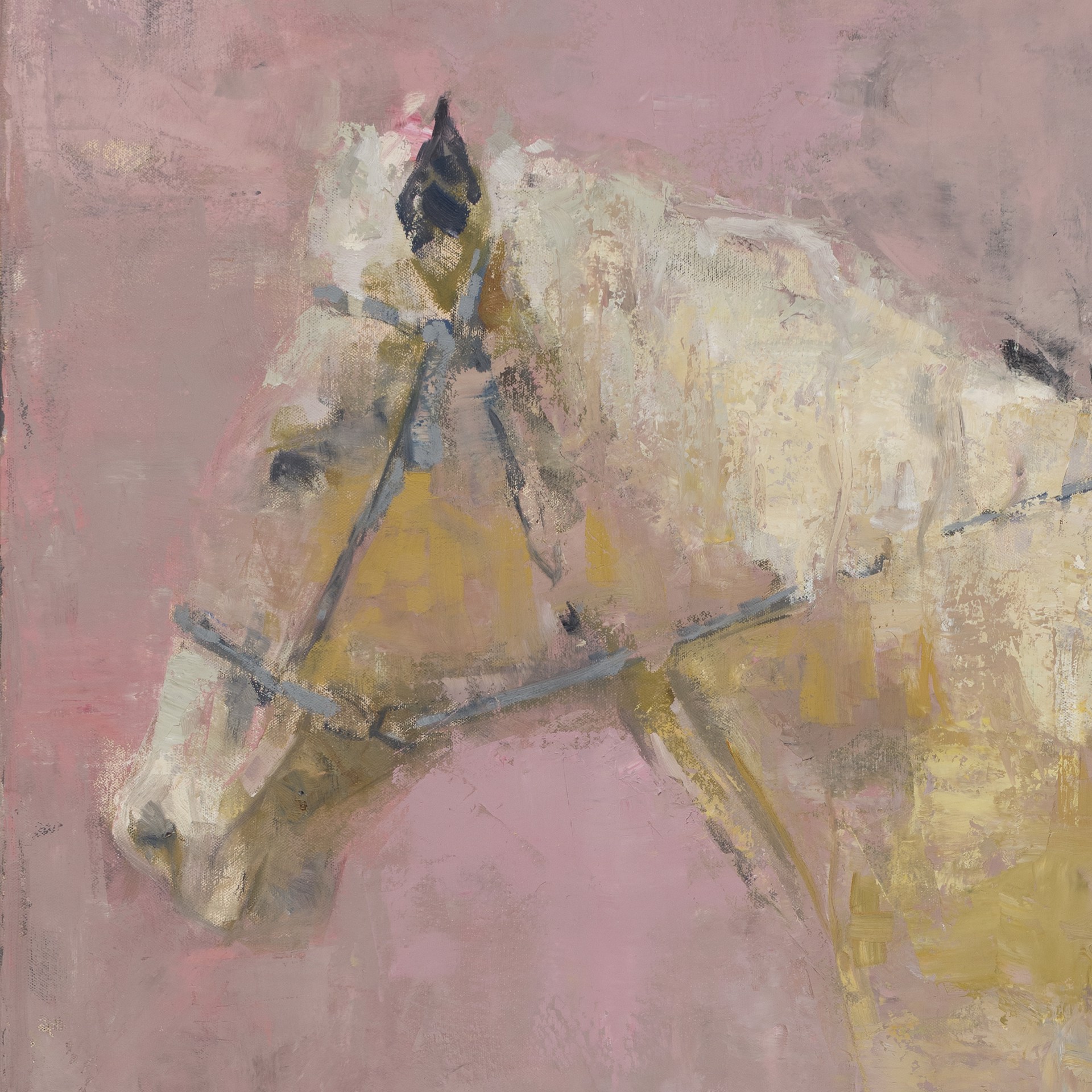A painting of a man riding a horse on a pink background.