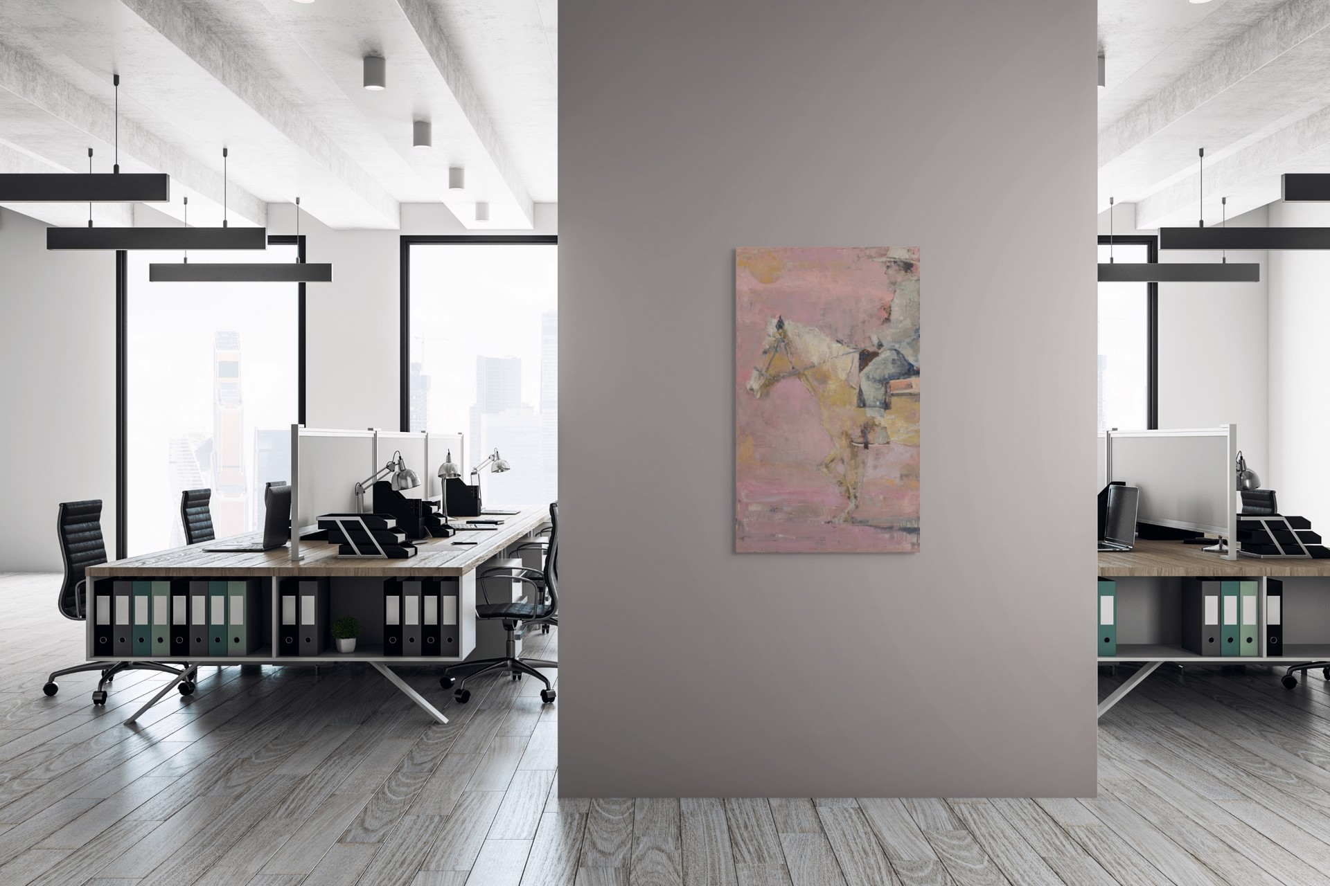 A painting of a man riding a horse on a pink background.