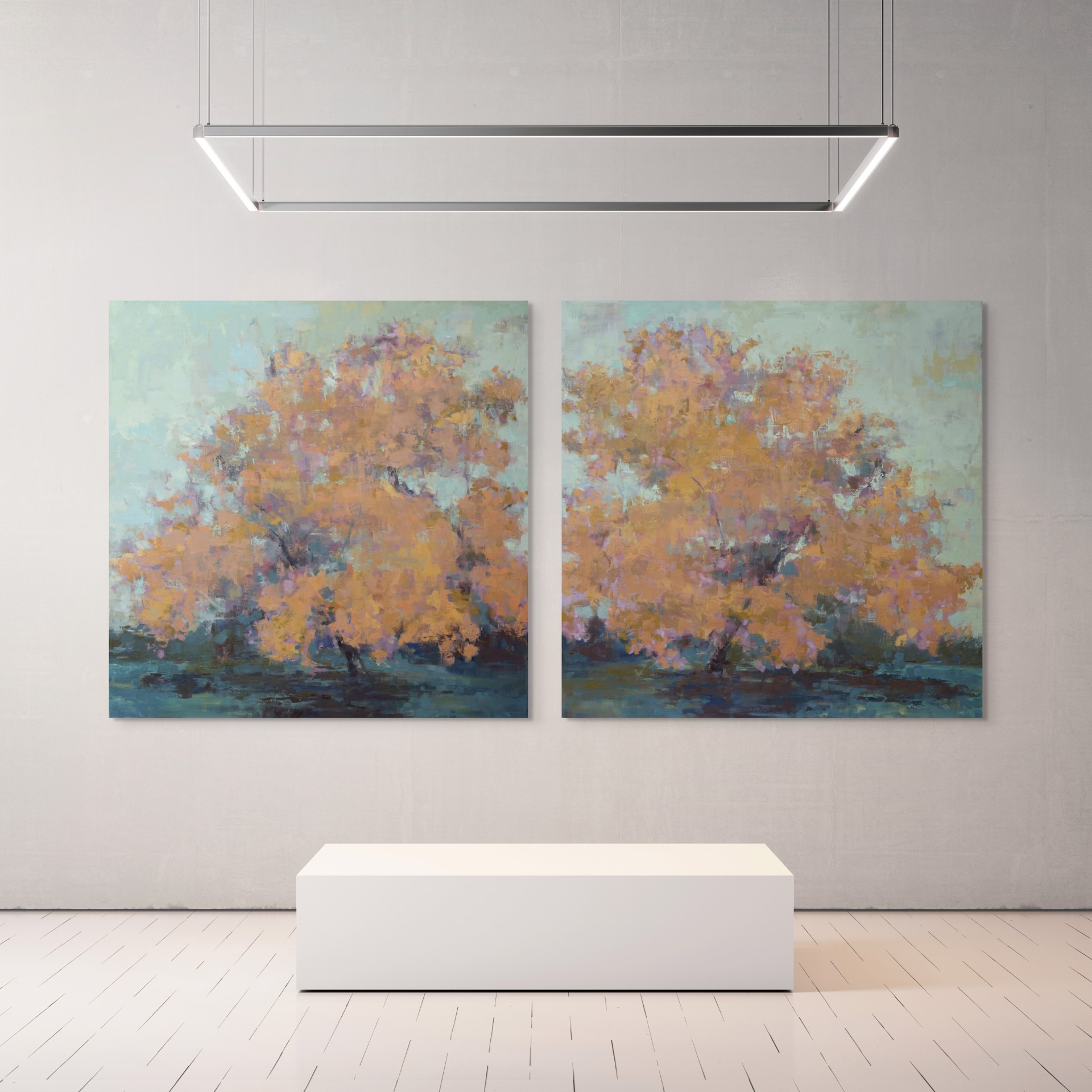 A diptych of autumn trees rendered in impressionistic brushstrokes.