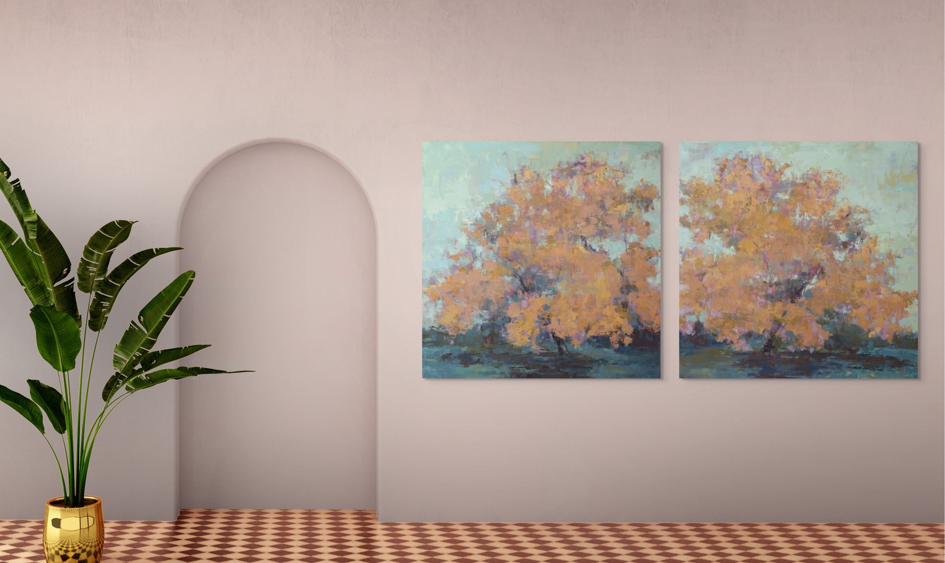 A diptych of autumn trees rendered in impressionistic brushstrokes.