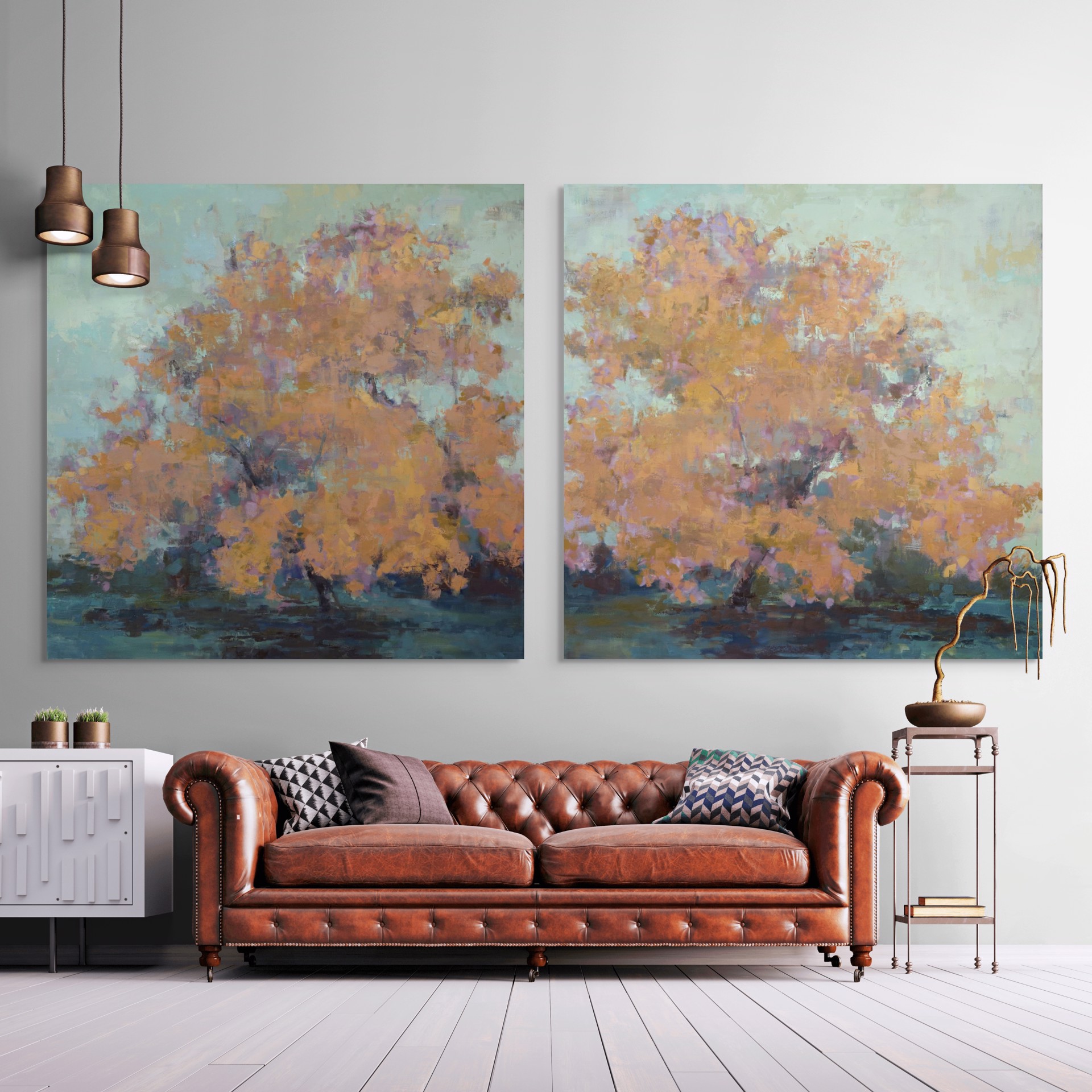 A diptych of autumn trees rendered in impressionistic brushstrokes.