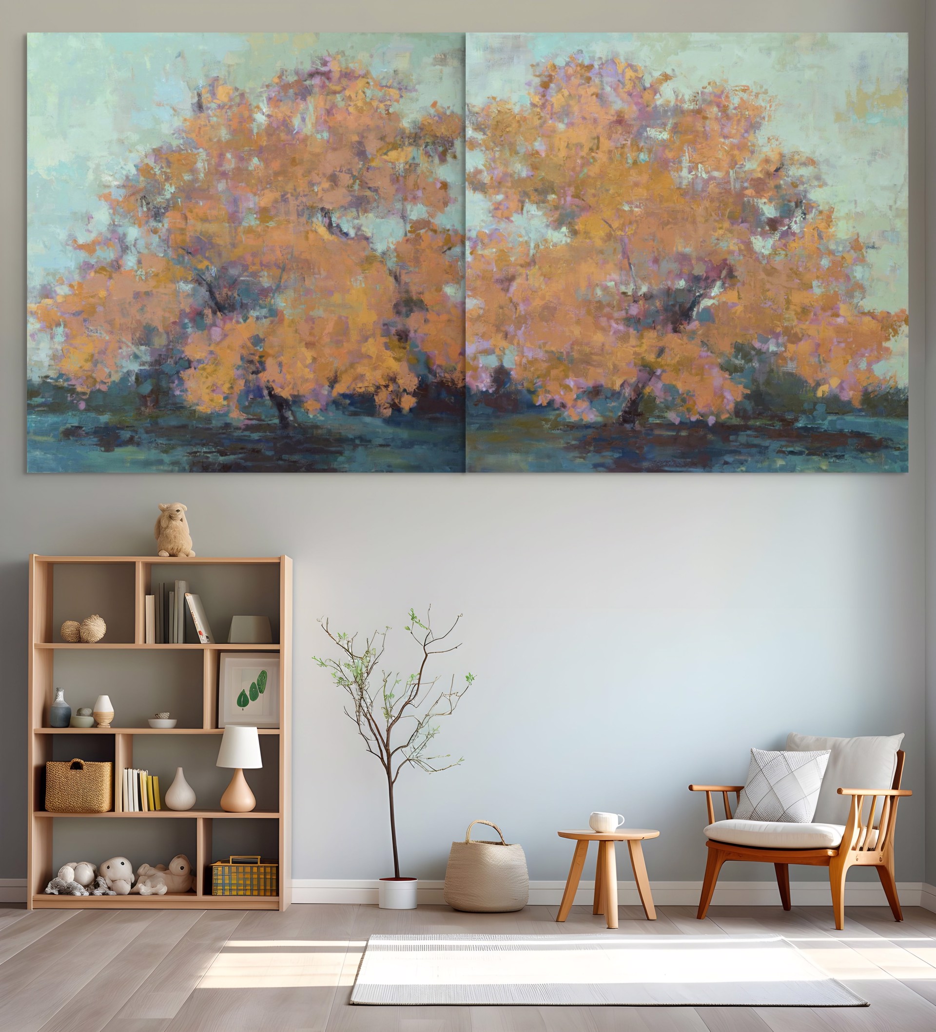 A diptych of autumn trees rendered in impressionistic brushstrokes.