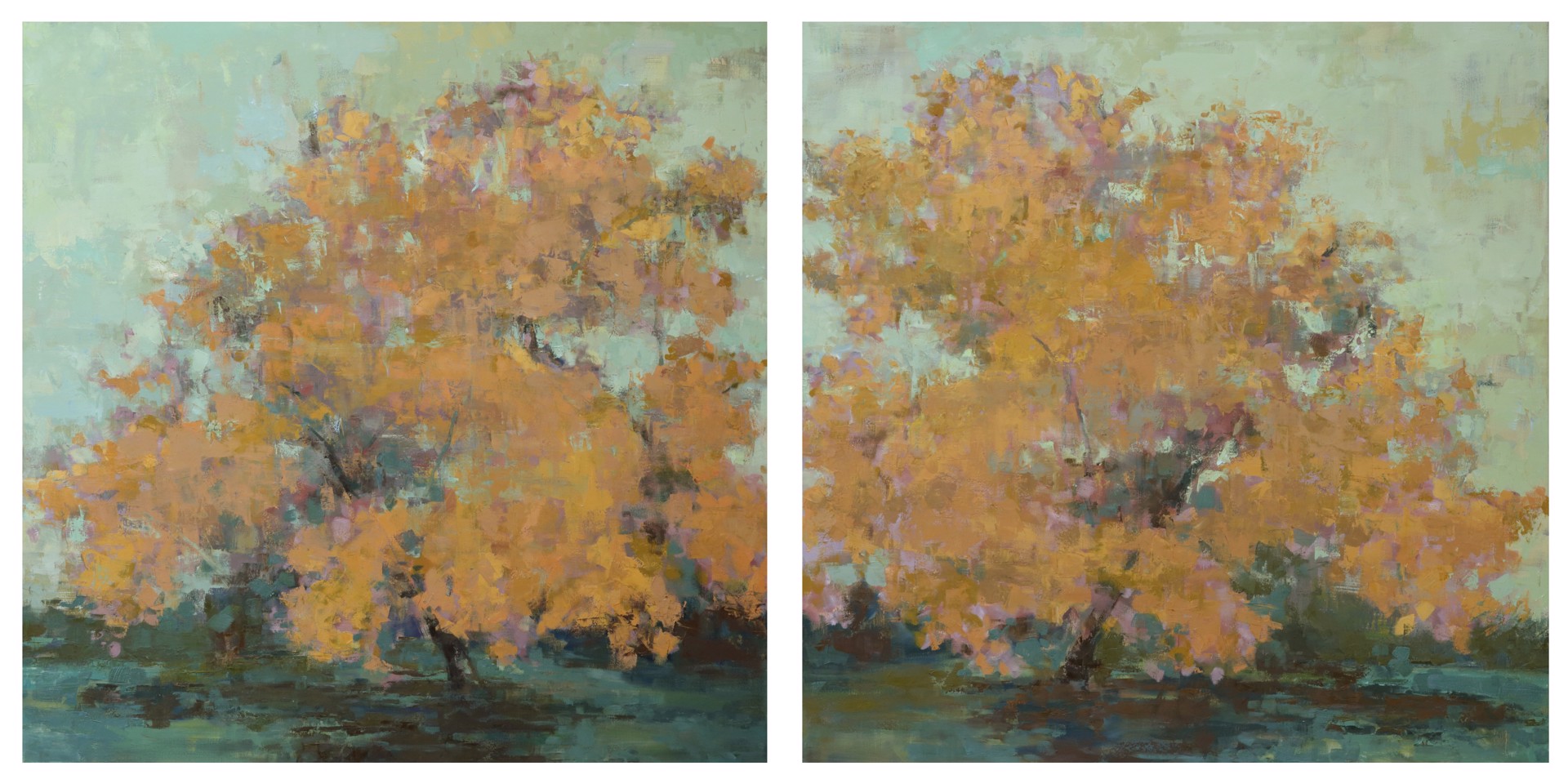 A diptych of autumn trees rendered in impressionistic brushstrokes.