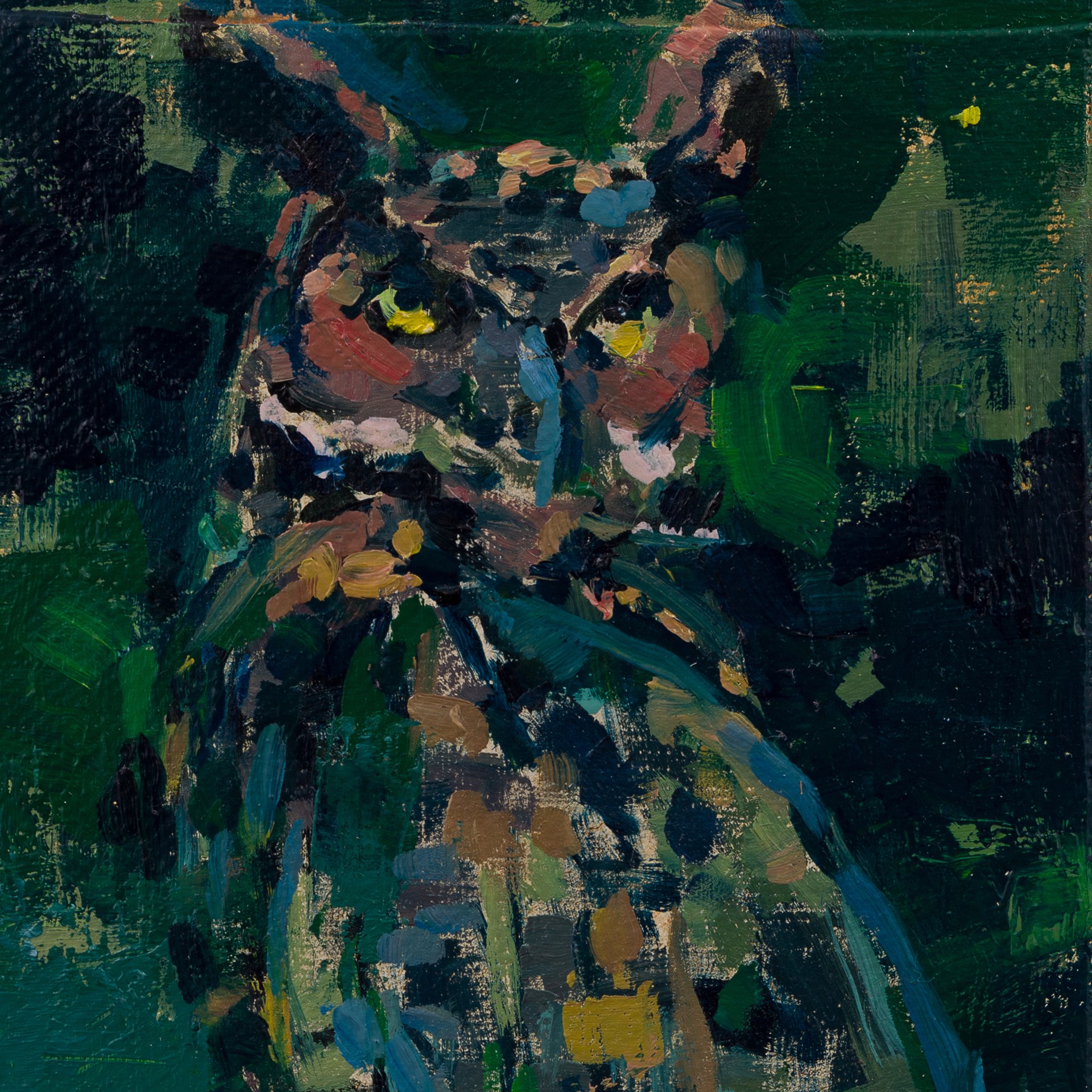 A textured painting of an owl with glowing yellow eyes against a dark green background.