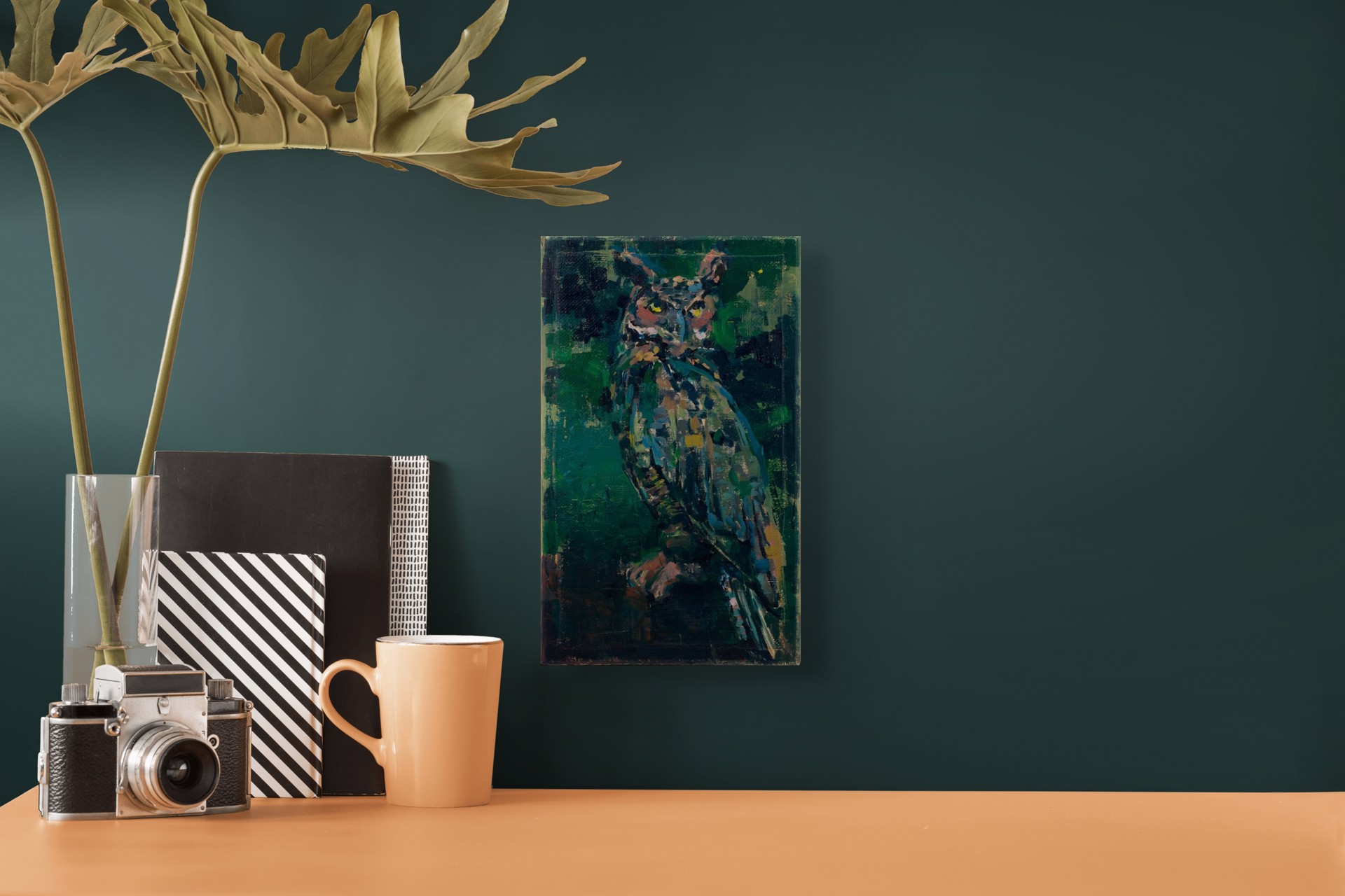 A textured painting of an owl with glowing yellow eyes against a dark green background.