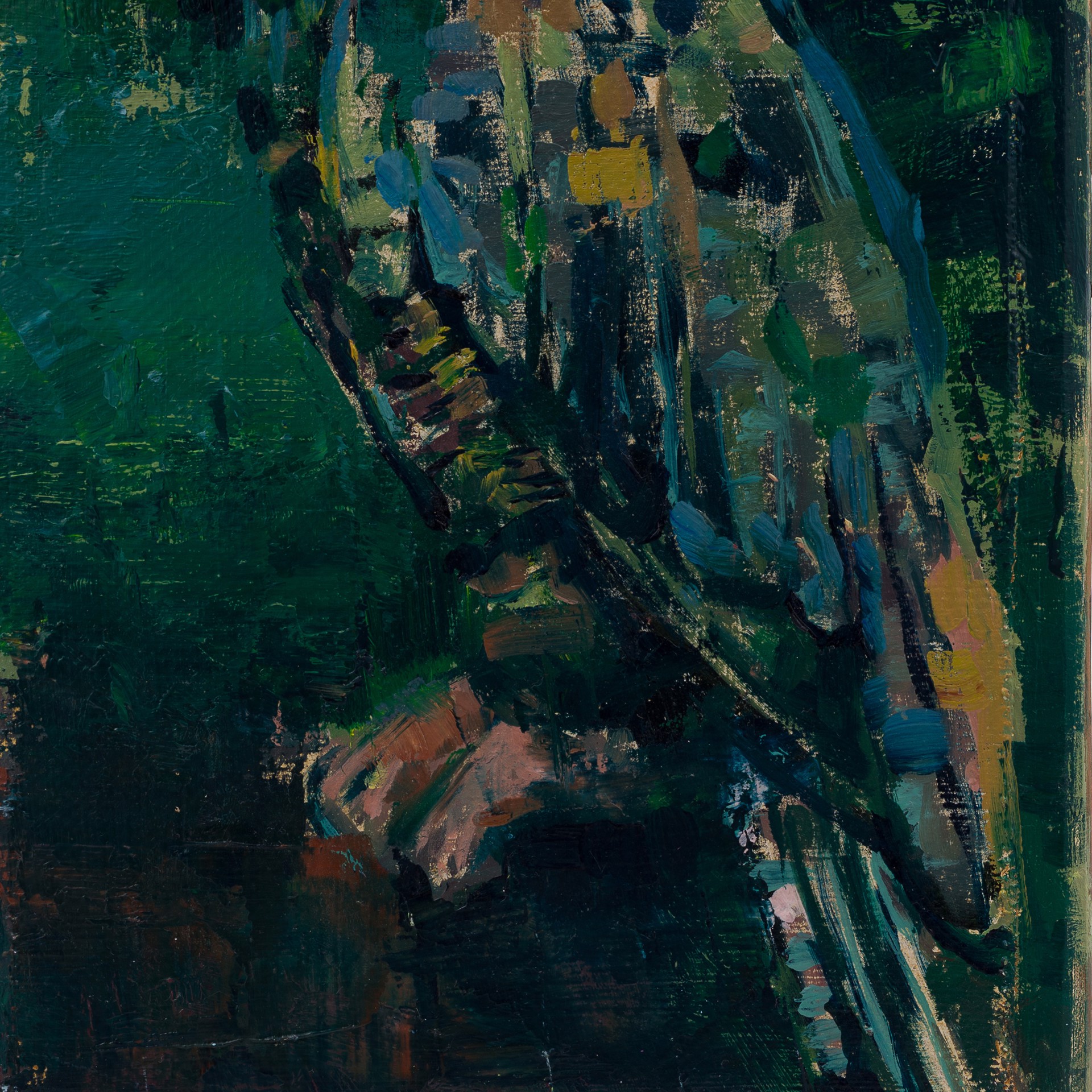 A textured painting of an owl with glowing yellow eyes against a dark green background.