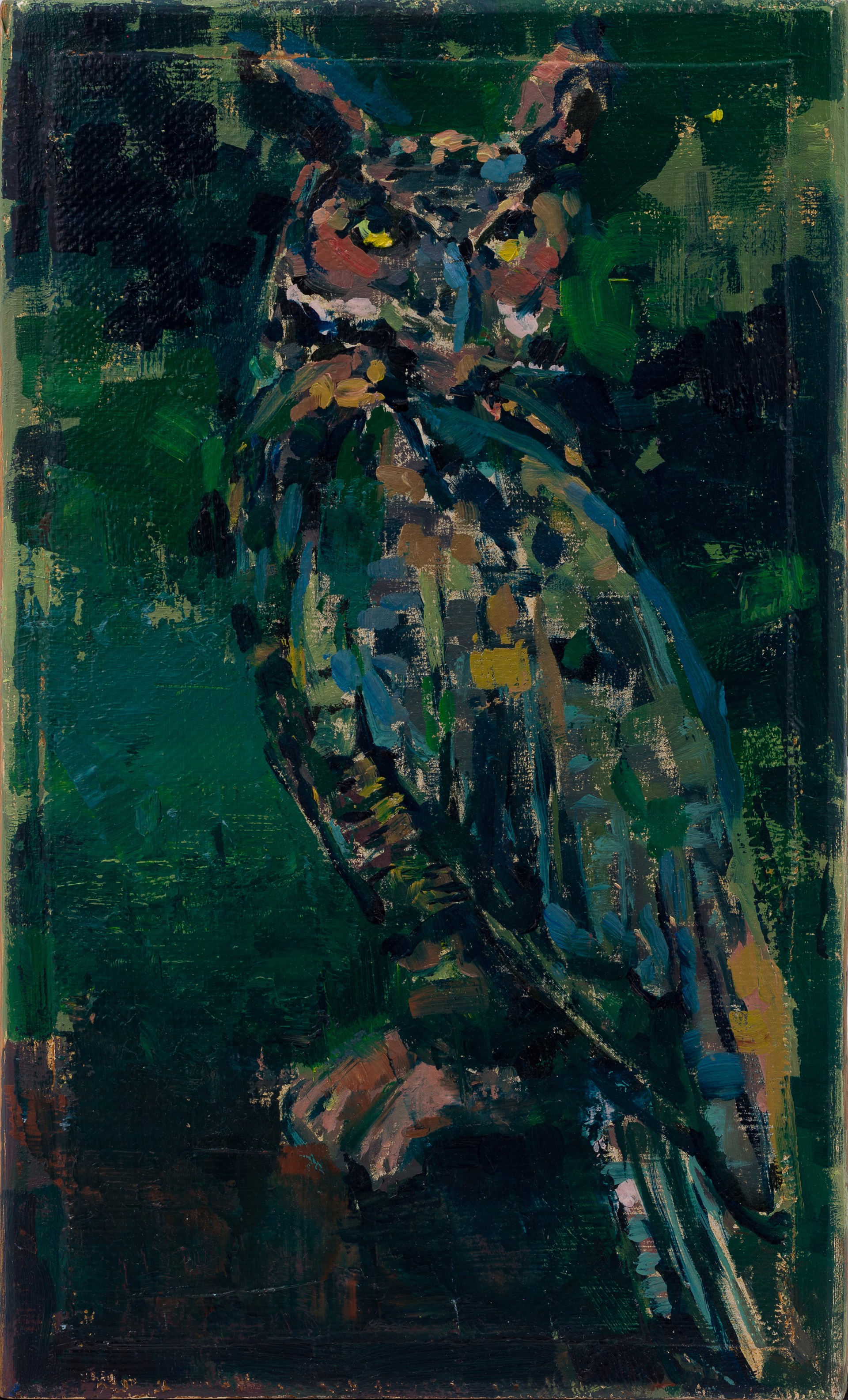 A textured painting of an owl with glowing yellow eyes against a dark green background.