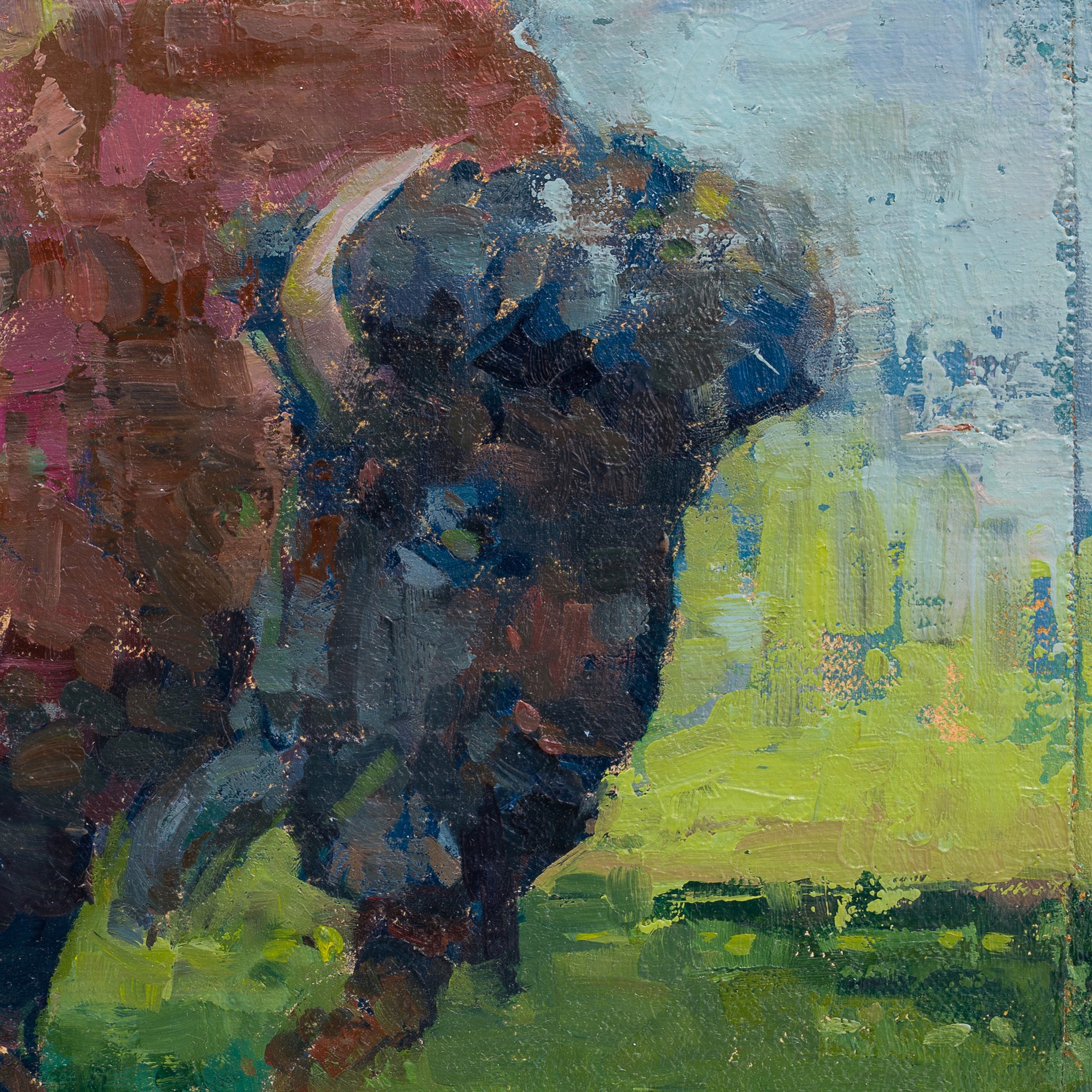 A bold, textured painting of a large bovine figure charging forward.