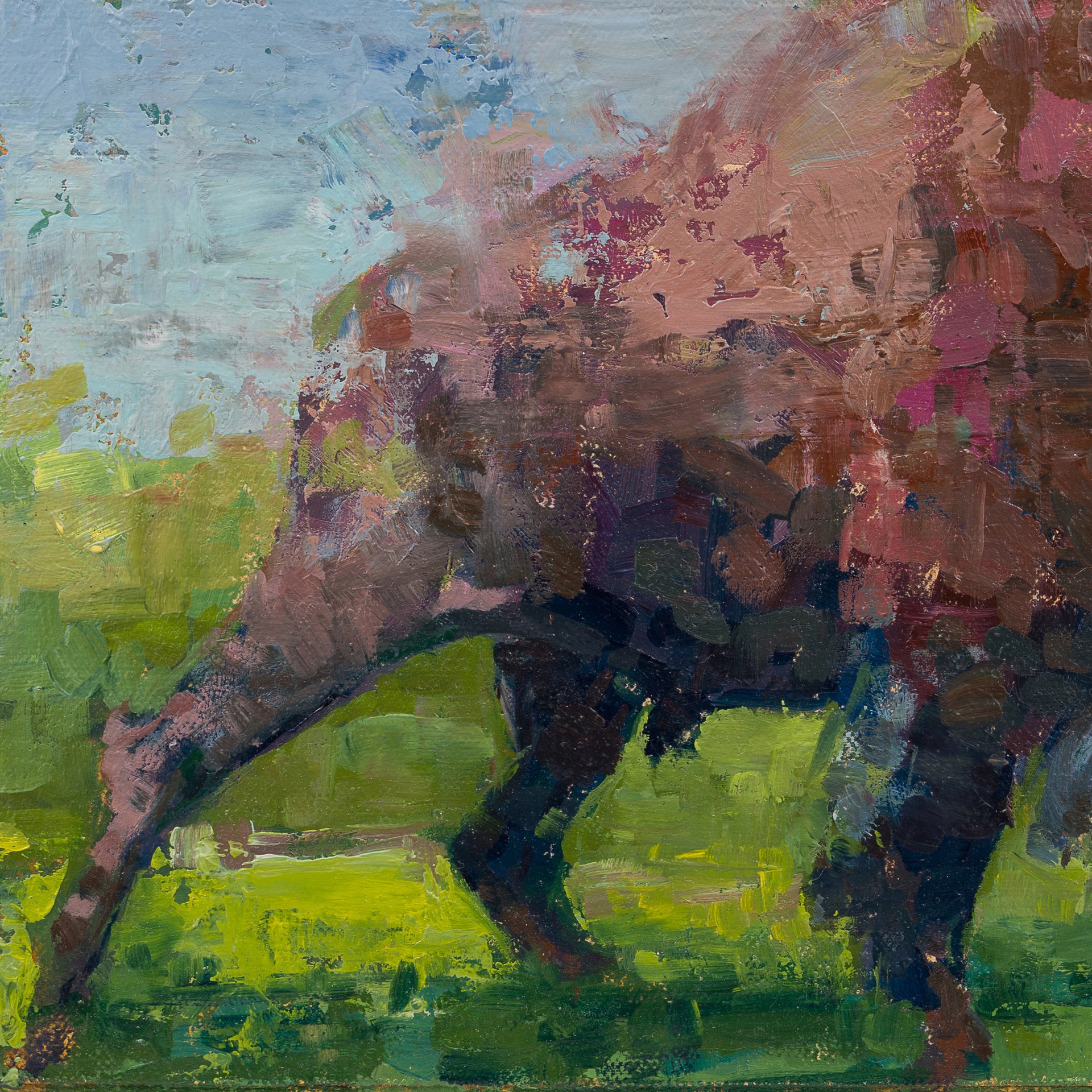 A bold, textured painting of a large bovine figure charging forward.